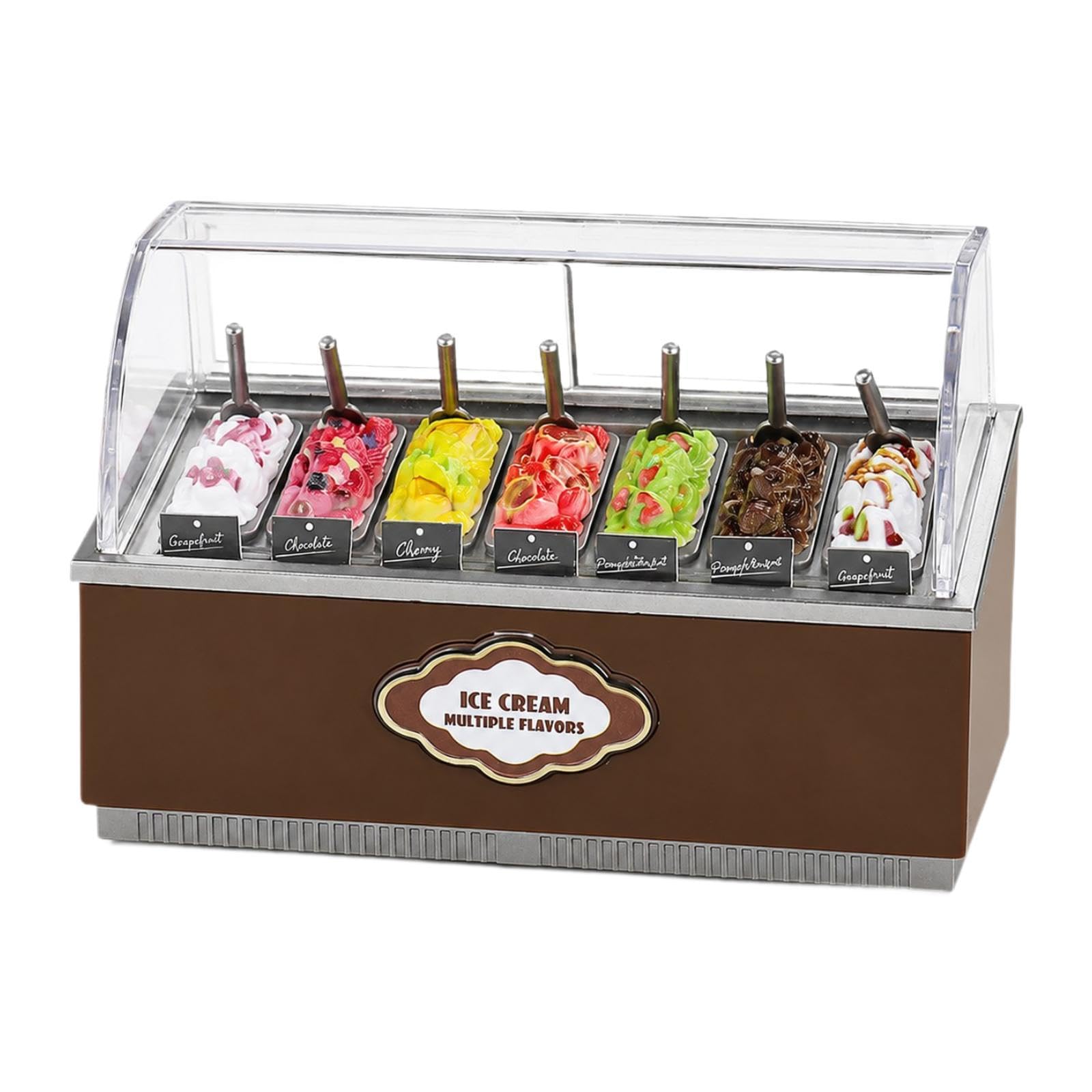 Chosertory Mini Dessert Counter Miniature Ice Cream Counter Playset Pretend Play Kitchen Accessories Dollhouse Room Craft Set for Collector Display Imaginative P, Brown