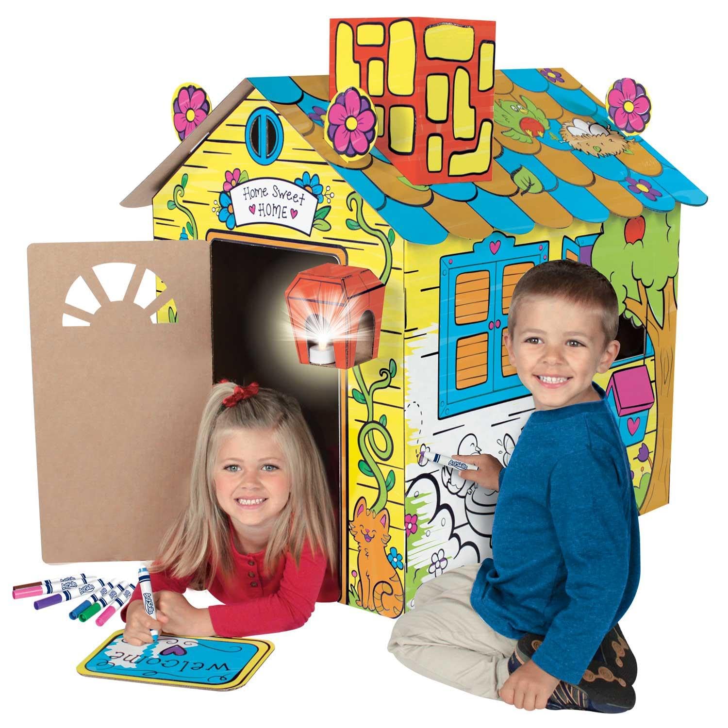ArtSkills Color Your Own Cardboard Playhouse, Cardboard House to Color for Kids, Indoor Coloring Playhouse with Markers & Stickers, Arts and Crafts Activity for Kids