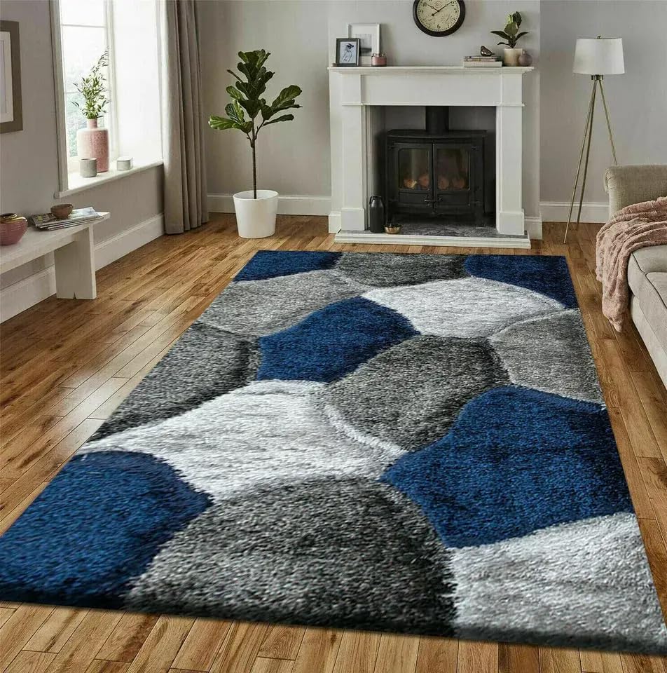 Online Bedding store Area Rugs – luxury Beautiful Pona Shaggy Modern Area Rugs - 3D Design carpet for hallway Non Slip Rug (Blue-Grey, 160 x 230 cm)