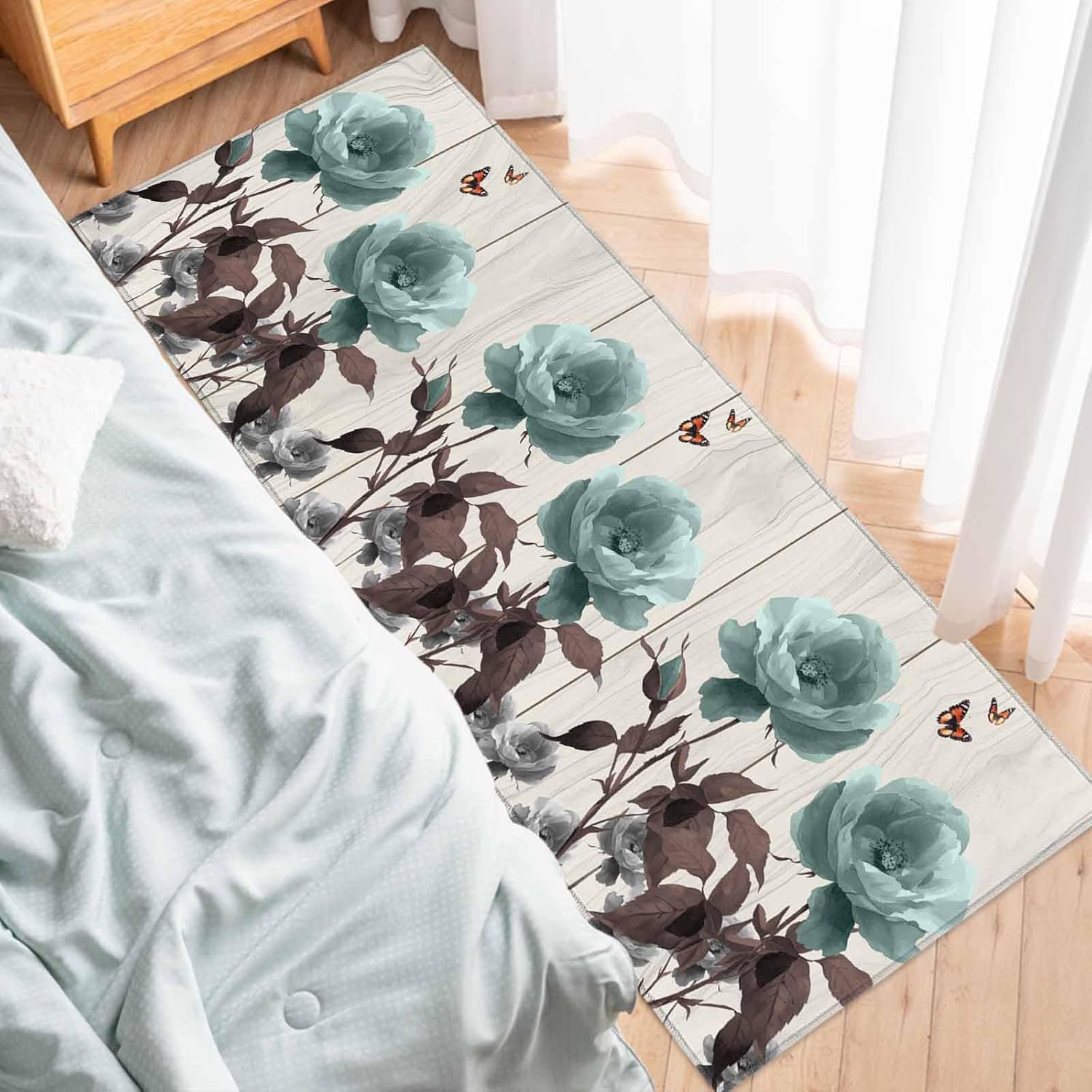 2 Pieces Kitchen Rugs and Mats,Retro Watercolor Flower Leaf Area Runner Rug Set Non Slip Floor Doormat Washable Carpet Standing Mat for Kitchen Sink Indoor Corridor,Rustic White Wood Butterfly