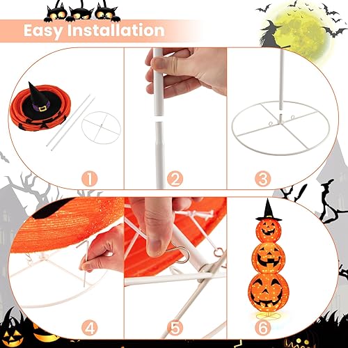 Miniatura 6 de HOMGX - Decoraciones de calabaza de Halloween de 5 pies con 180 LED, calabaza iluminada preiluminada para exteriores con sombrero de bruja, calabaza