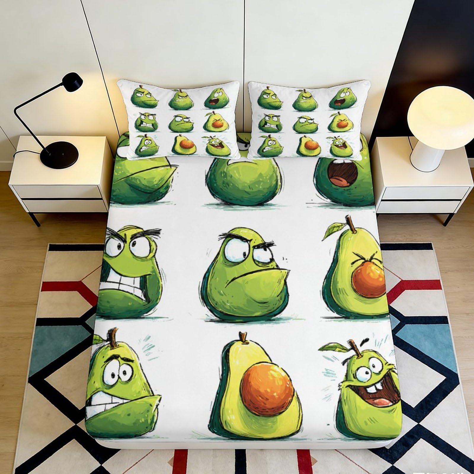 3D Printed Avocado Cartoon Fitted Sheet Microfiber Soft Breathable Funny Face Bed Cover for Bedroom Dorm Mattress Decor 90x200x25cm