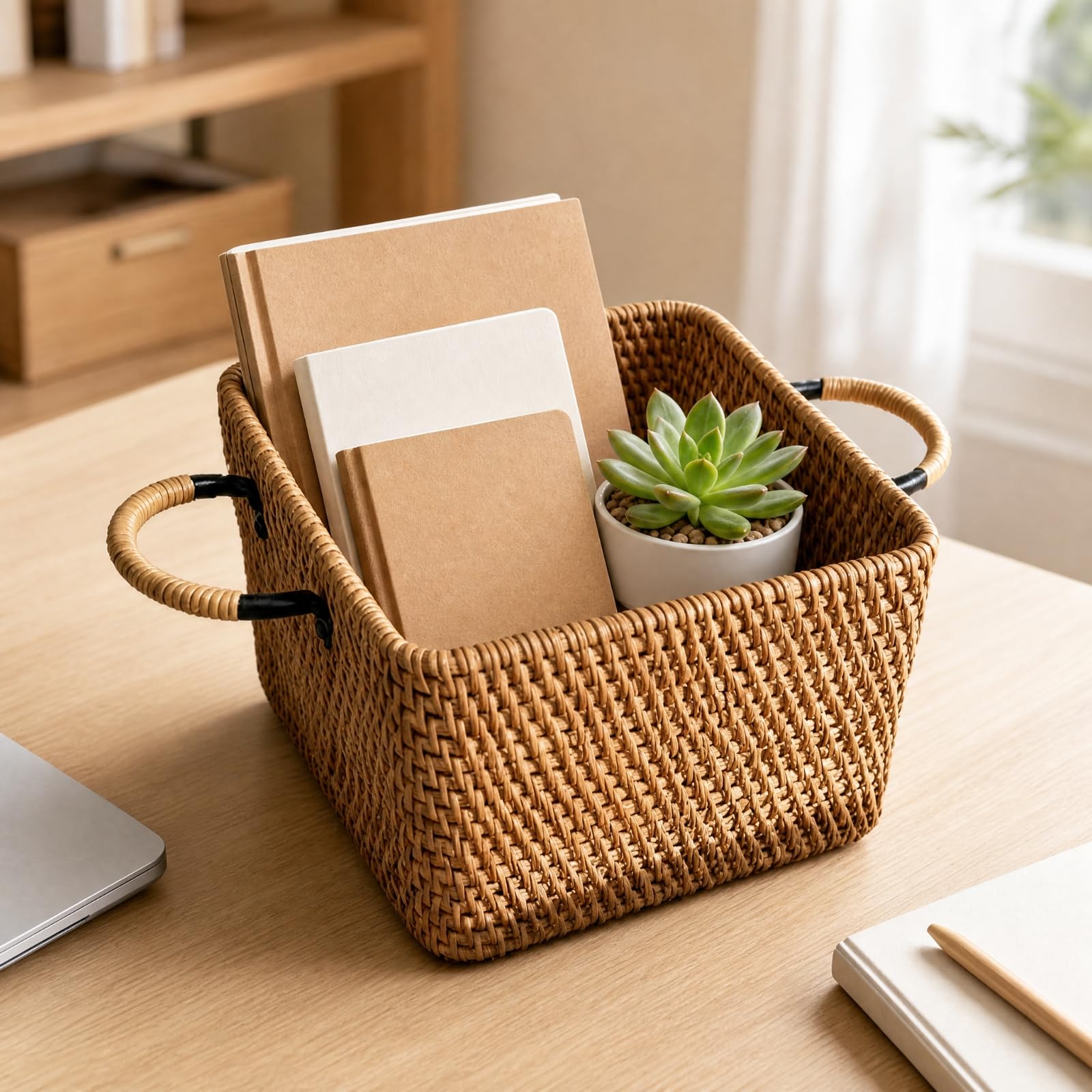 rockible Cesta Mimbre Cuadrada con Laterales Organizador corativo Transpirable para Comedor, 22x22x14CM