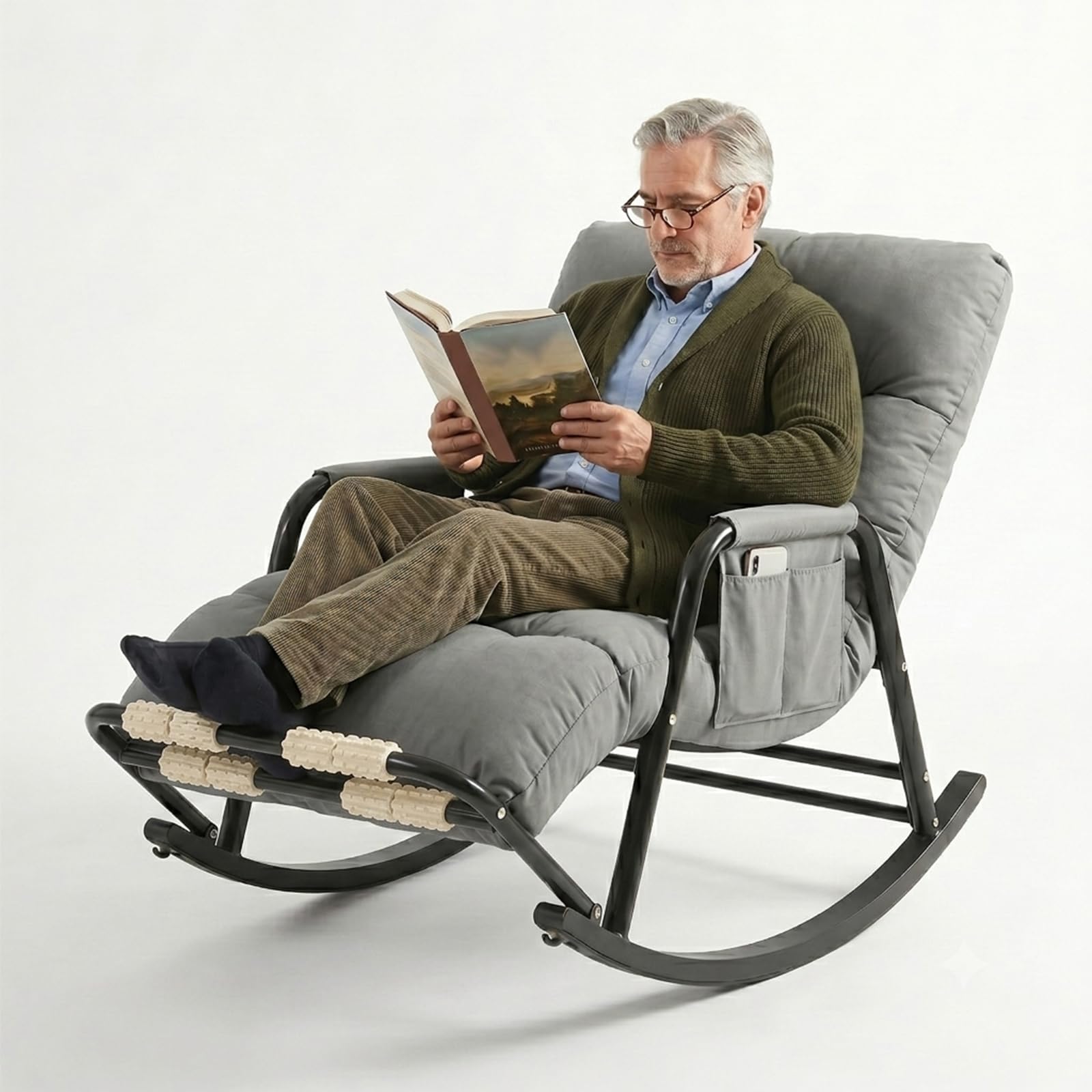 Fauteuil à Bascule avec Repose-Pieds, Dossier et Repose-Pieds Réglables 5 Positions, Repose-Pieds Massant, Revêtement Résistant, Structure en Acier, Gris, Salon, Chambre Bébé, 60×111×50 cm