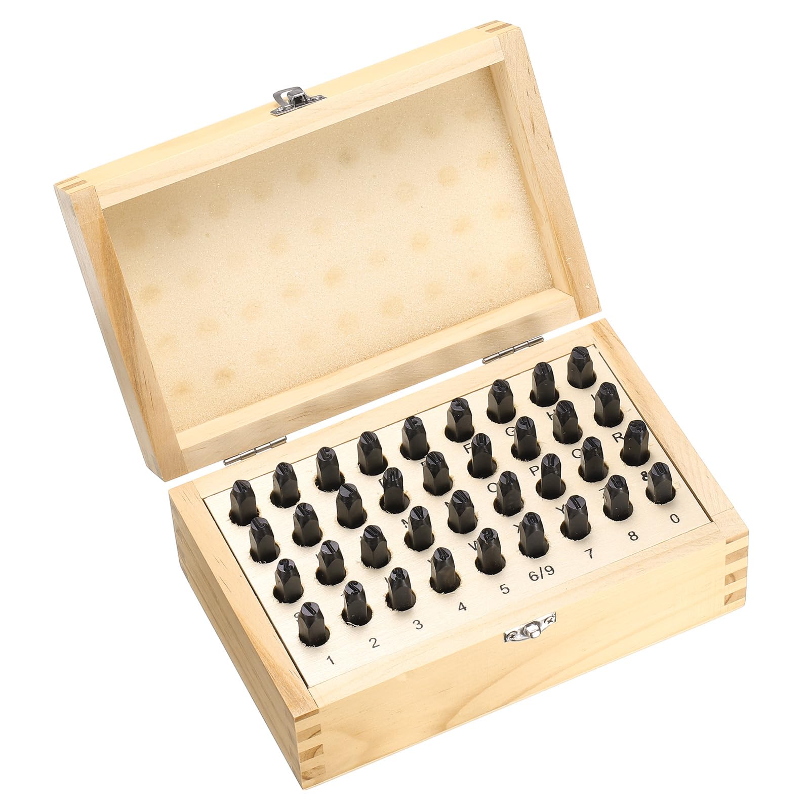 HARFINGTON 36pcs 40Cr Alloy Steel Stamps Set 1/4" (6mm) A-Z / 0-8 / "&" Symbol Number Letter Punch Press Tool Steel Reverse Punch Stamp with Wood Case
