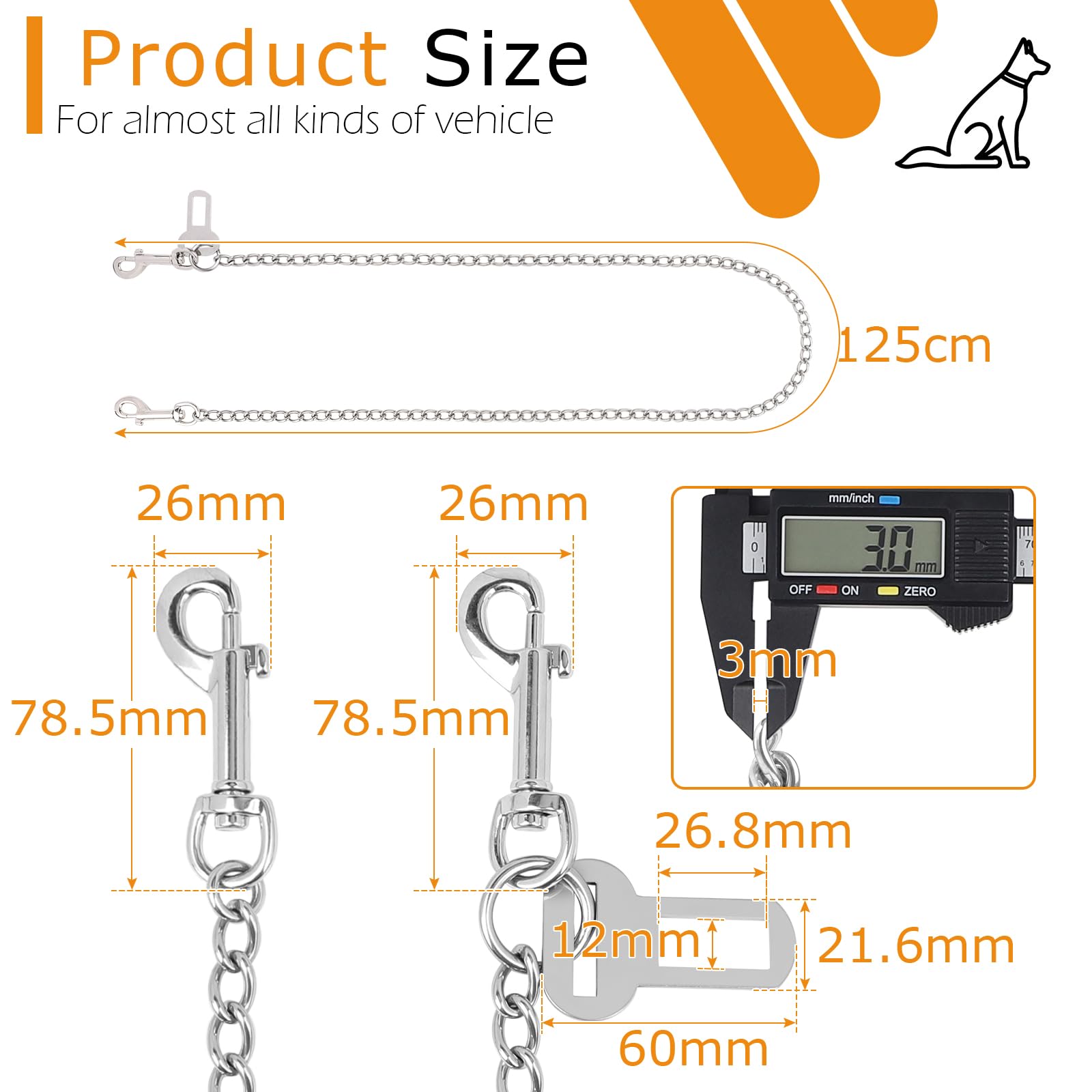EFUTURETIME Ceinture Securite Chien Voiture Chaine Longue 125cm, Attache Chien Ceinture Anti-Morsure en Acier Inoxydable 3 en 1 pour Coffre, Boucle de Ceinture de Sécurité et ISOFIX