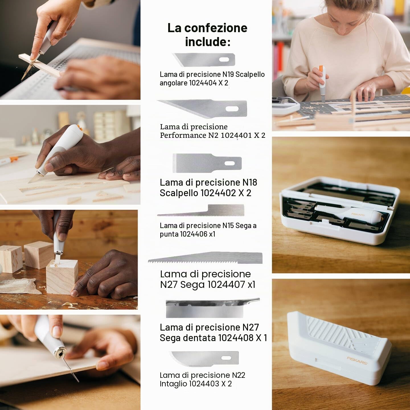 Fiskars Coltello ad alte prestazioni, Set da 8 pezzi | Lunghezza totale: 21 cm, Incl. 7 lame, Acciaio di qualità/Plastica, Bianco/Arancione, Premium, 1024385