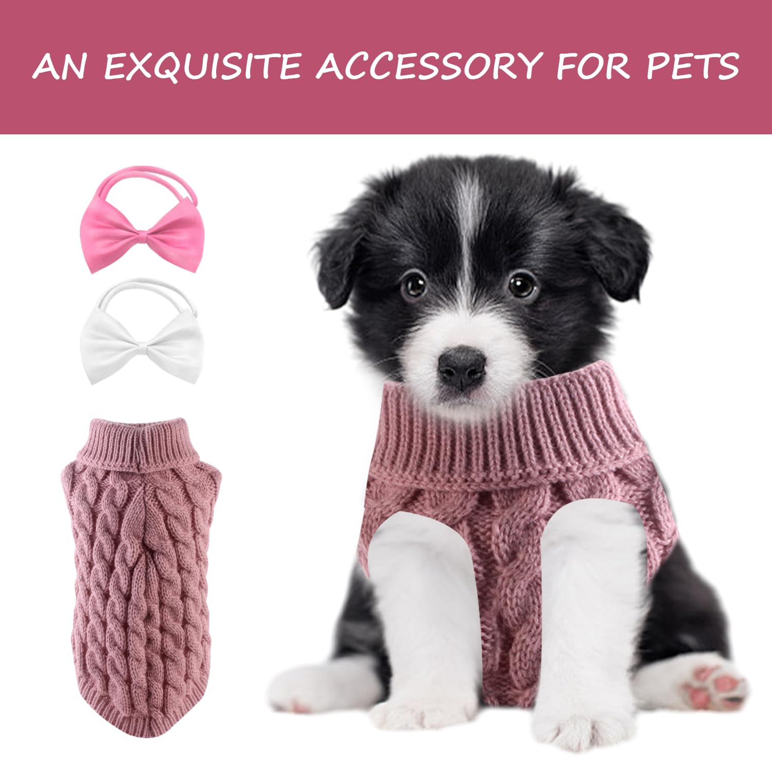 Pet Winter Warm Coat, Turtleneck Sweater, and 2 Bow Ties - Suitable for Cats and Dogs (S, Pink), Small - Image 4