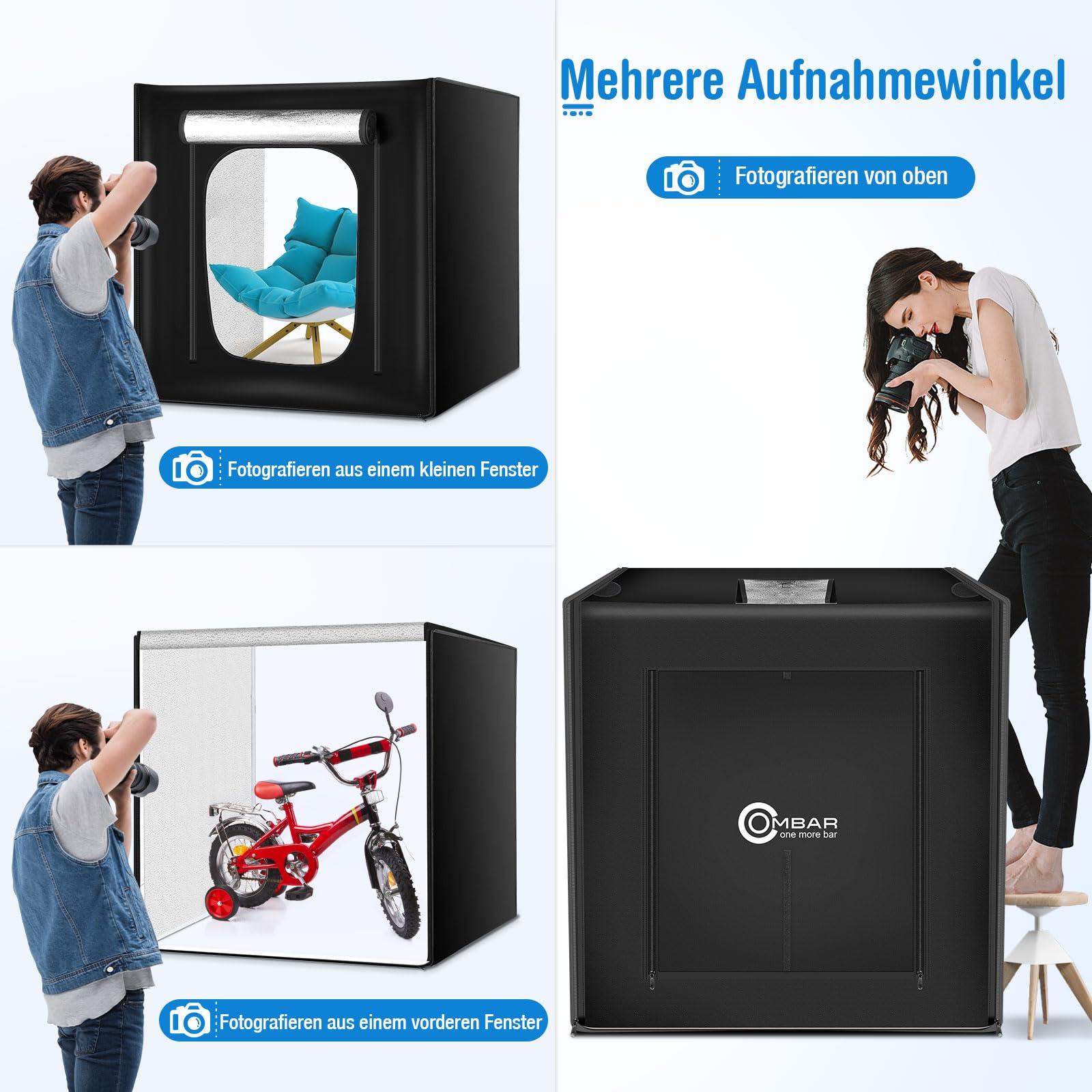 OMBAR Caja de Luz Estudio Fotográfico Portátil 100x100x100cm Caja de Fotografía con 4 Tiras Panel 384 Cuentas LED Luz Estidio Fotográfico con 5500K-6000K 3 Fondos de Fotografía(Negro Blanco BLU)