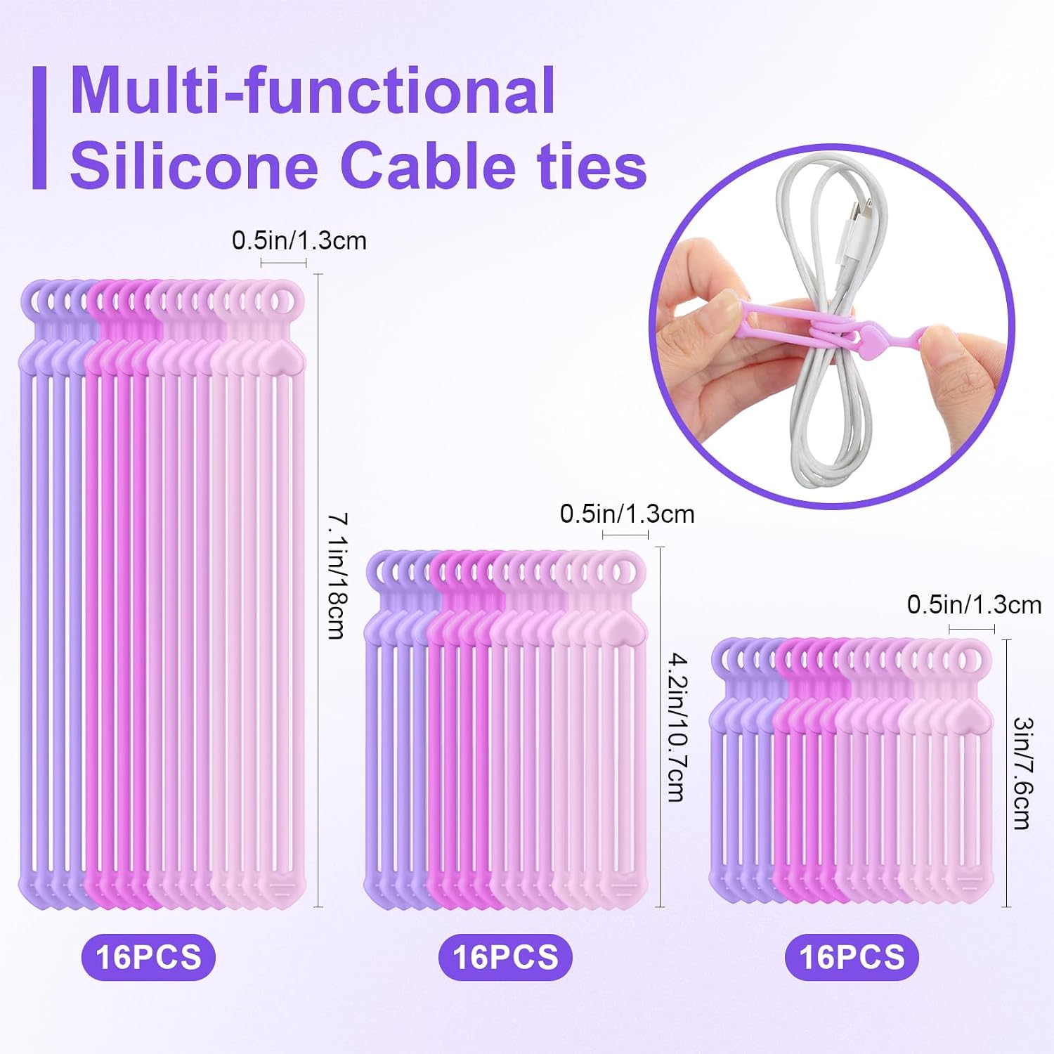 48 Pcs Silicone Cable Ties Cord Organizer, Gradient Purple, 3 Sizes image 2