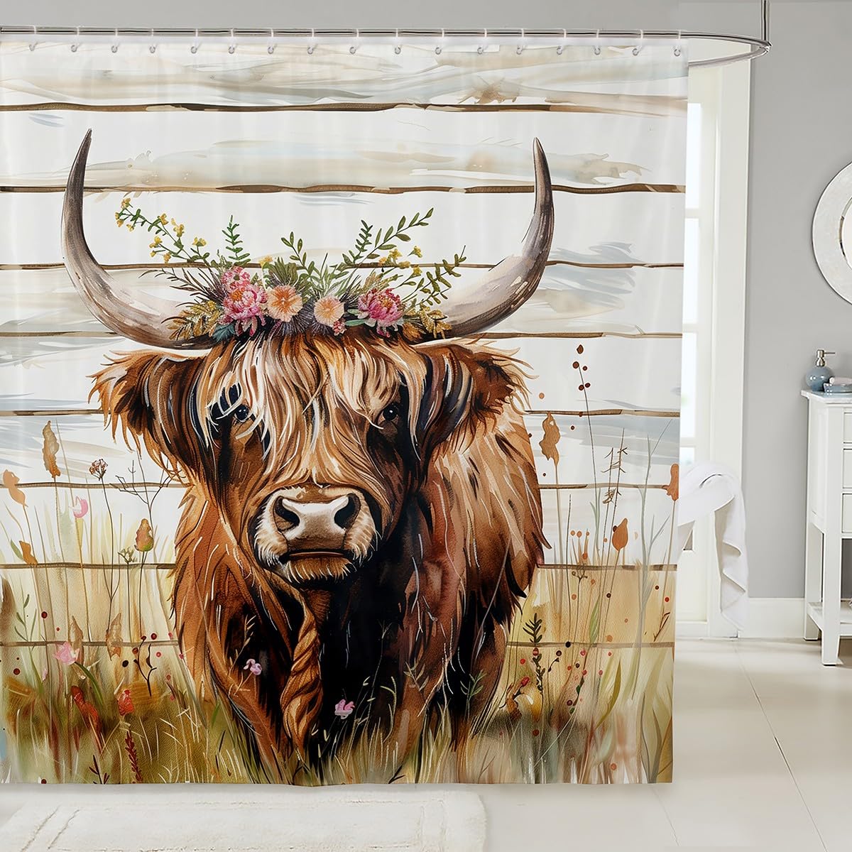 Rideau de douche vache Highland pour créer une ambiance ferme rustique