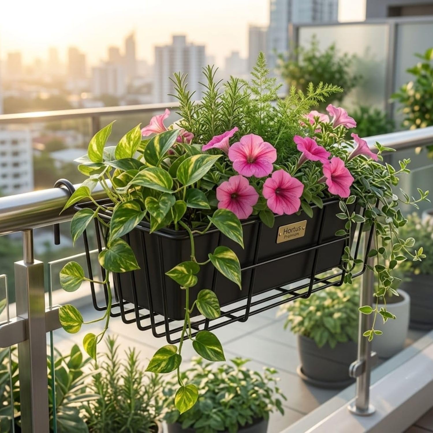 Metal Hanging Flower Pot Stand for Balcony Railing | Heavy Duty Planter Holder Basket | Indoor Outdoor Garden Gamla Stand for Home Balcony Fence Decor (1 PCS, Square_Hanging_Stand)-image-22
