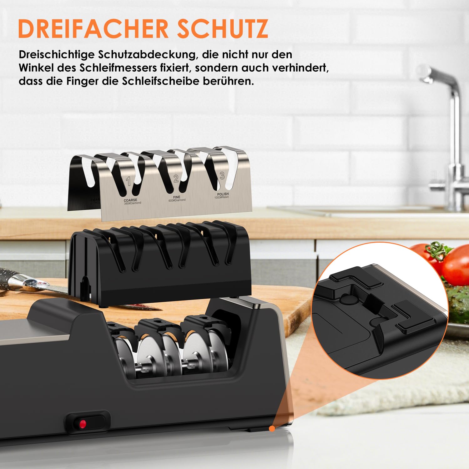 Professioneller Elektrischer Messerschärfer mit Diamant-Schleifmitteln und Präzisionswinkelführungen für Doppeltem Anschliff und Wellenschliff