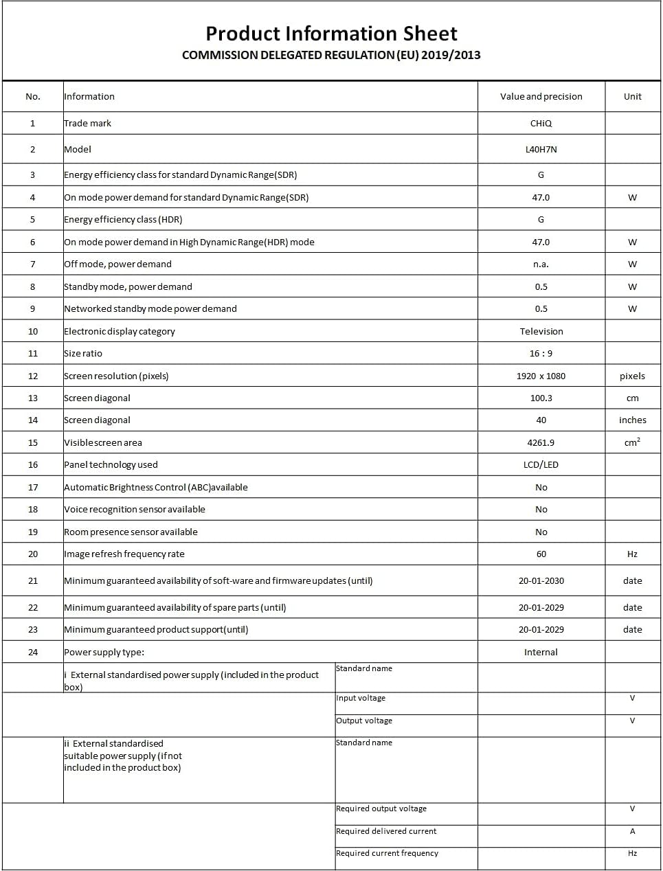 CHIQ L40H7N Product Information Sheet