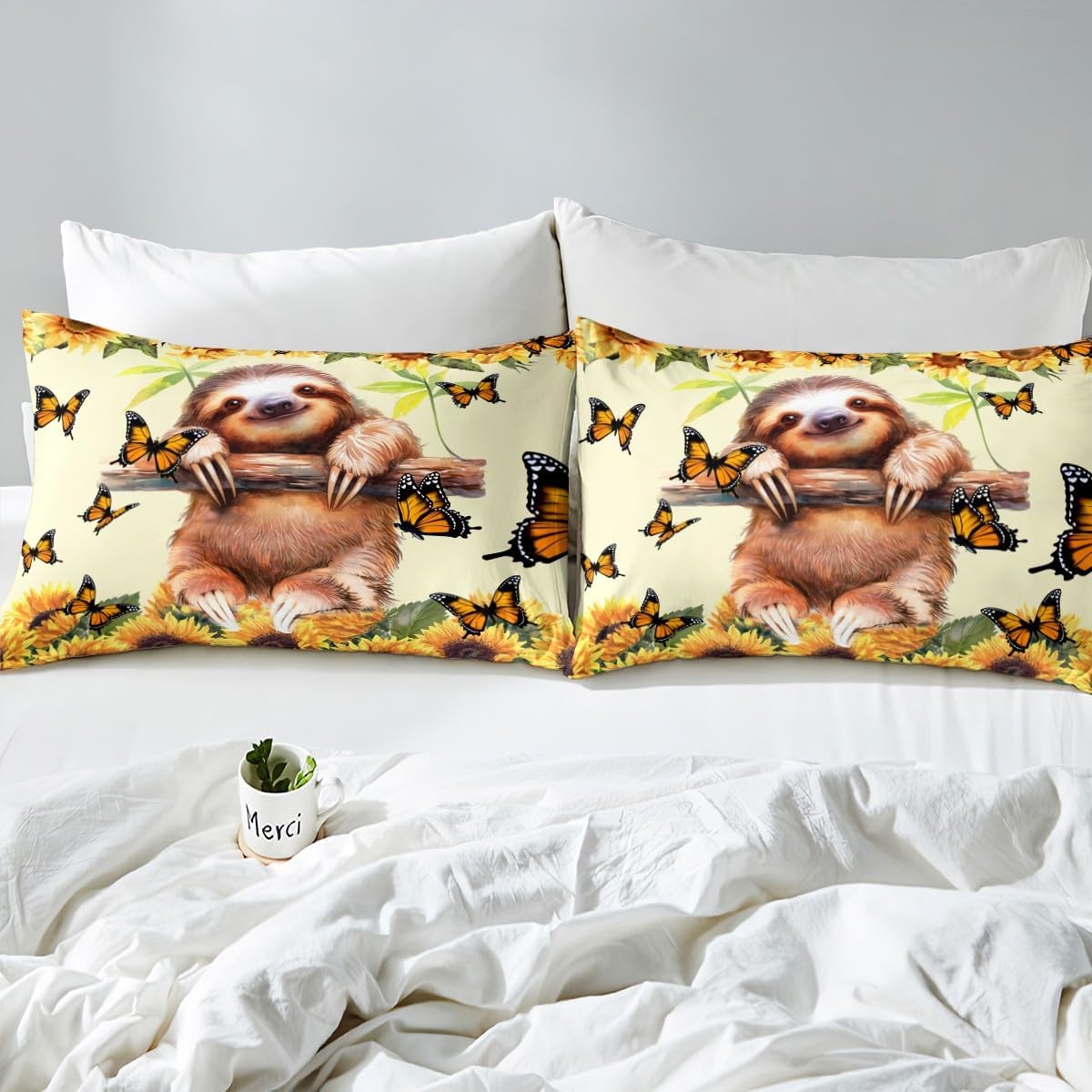 Feelyou Cute Sloth Bed Sheets Set Queen Size, Sunflower Sloth Sheets with Deep Pocket Fitted Sheet for Kids Toddler Boys Girls Butterfly Sheet Set Botanical Floral Bedding Set with 2 Pillow Case