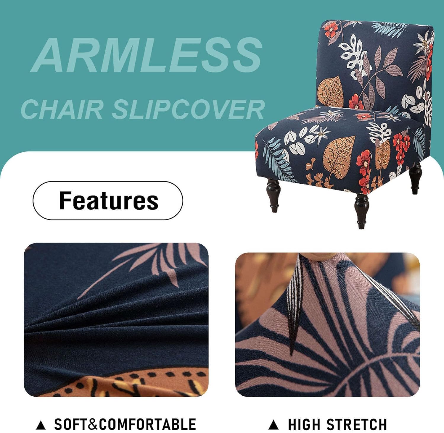 Stretch Armless Accent Chair Covers, Spandex Armless Accent Chair Slipcovers Printed Soft Armless Chair Slipcovers with Elastic Bottom Non Slip Armchair Covers for Living Room-T-2 Pcs