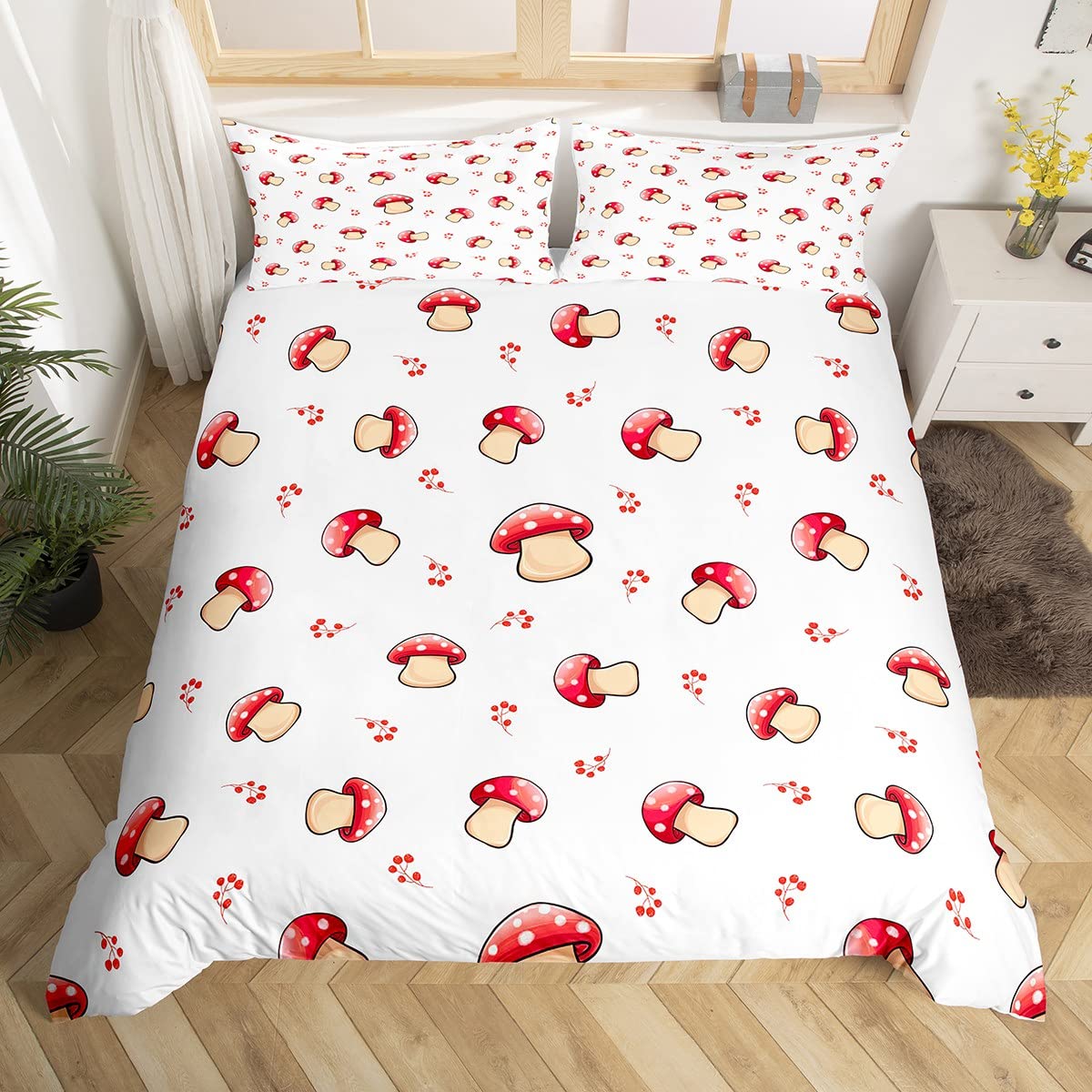 Mushroom Decor Duvet Cover Cute Mushrooms Bedding Set for Kids Boys Girls Teens Kawaii Cartoon Fungus Botanical Plants Decor Comforter Cover Red White Bedspread Cover with 2 Pillow Shams,King Size - Image 3