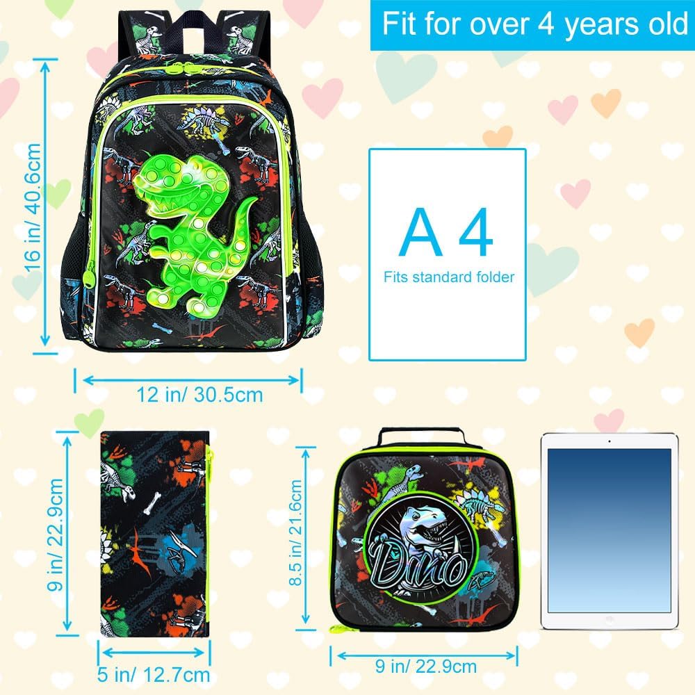 AGSDON 3PCS Dinosaur Backpack for Boys, 16" Kids Backpacks Water Resistant with Lunch Box, Bookbag for Elementary Preschool - Image 4