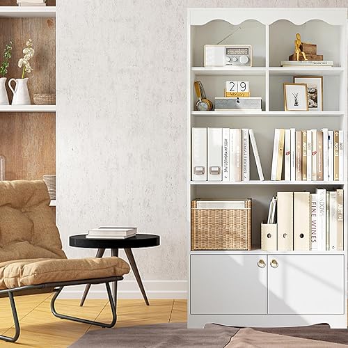 Miniatura 7 de Estantería de 5 niveles, estantería de 63 pulgadas de alto con 6 estantes abiertos y estantes ocultos con puerta, estanterías de pie con patas