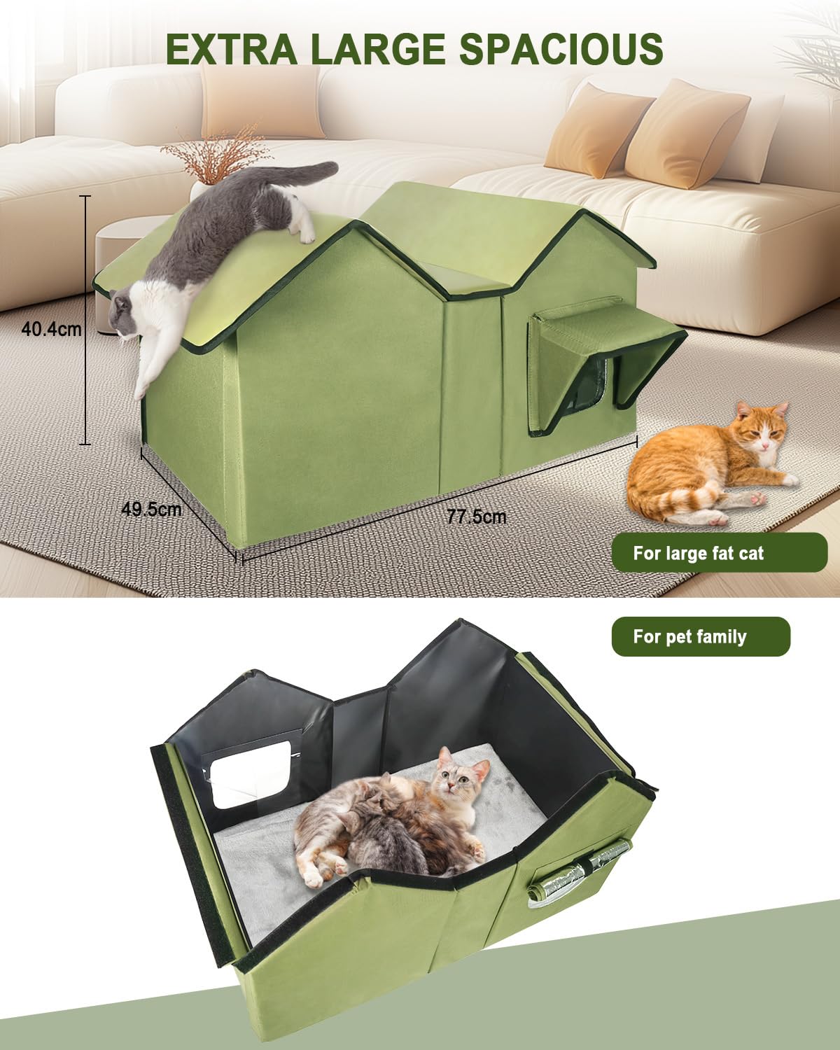 Katzenhaus im Freien, Extra Große wasserdichte isolierte Katzenkennel mit erhöhter Basis, Winterhaus für Indoor-Katzen und kleine Hunde im Freien, Wilde Katzenschutz für mehrere Katzen, Grün