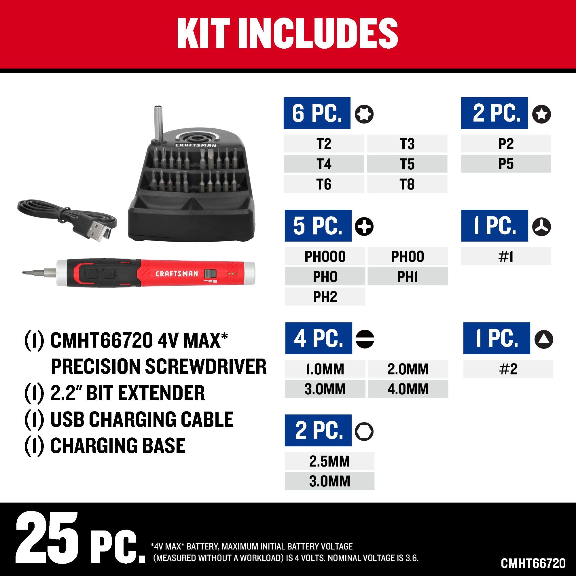 CRAFTSMAN Juego de destornilladores eléctricos inalámbricos de 25 piezas, juego de destornilladores de precisión de 4 V, potencia recargable, compatible con USB, incluye almacenamiento de juego de