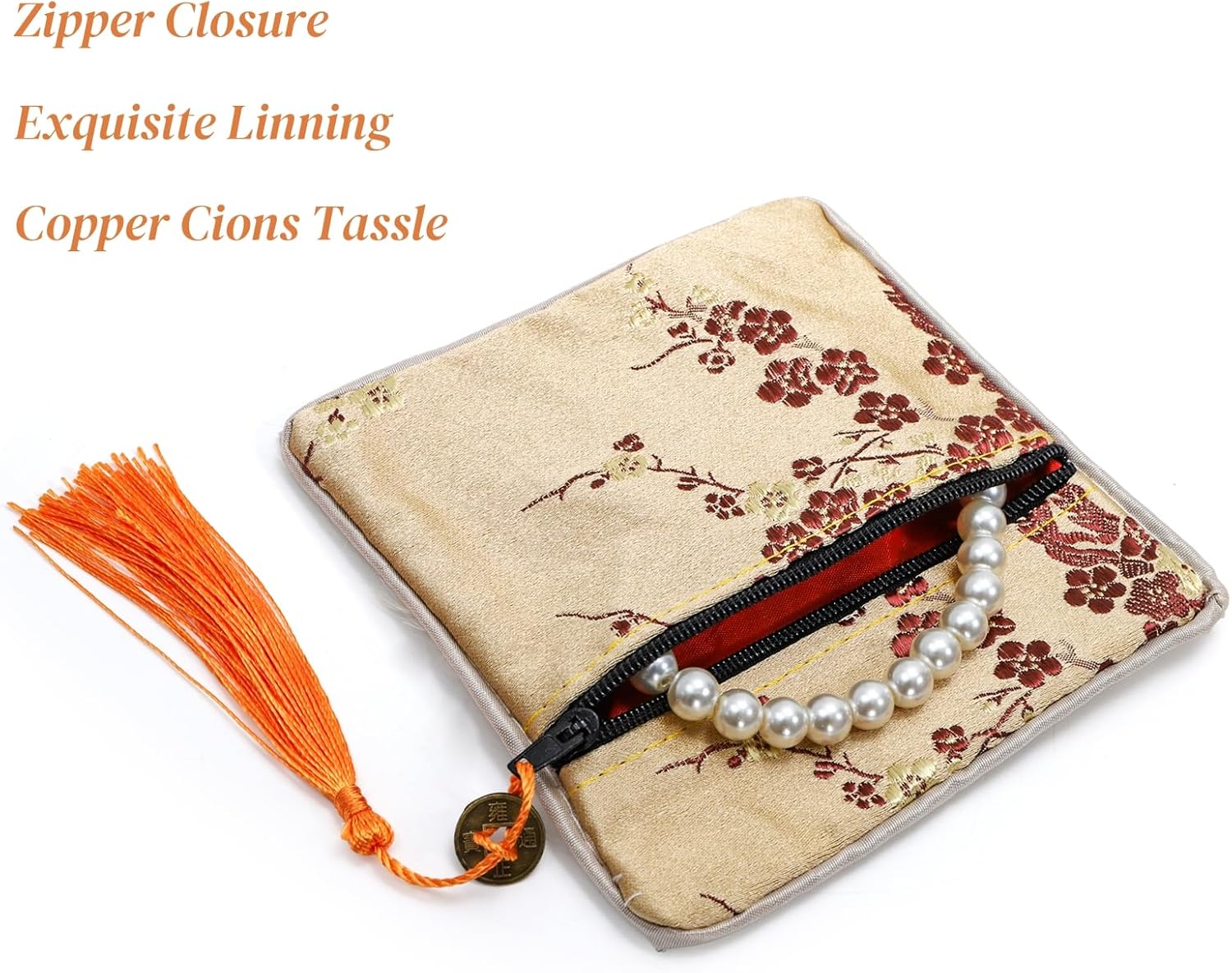 ZOOFOX 30 Pieces Silk Jewelry Pouch, Brocade Embroidered Coin Purse with Zipper and Tassel, Small Gift Bags for Small for Jewelry Wedding Party Favor Chinese New Year Goodie Candy Bags - Image 3