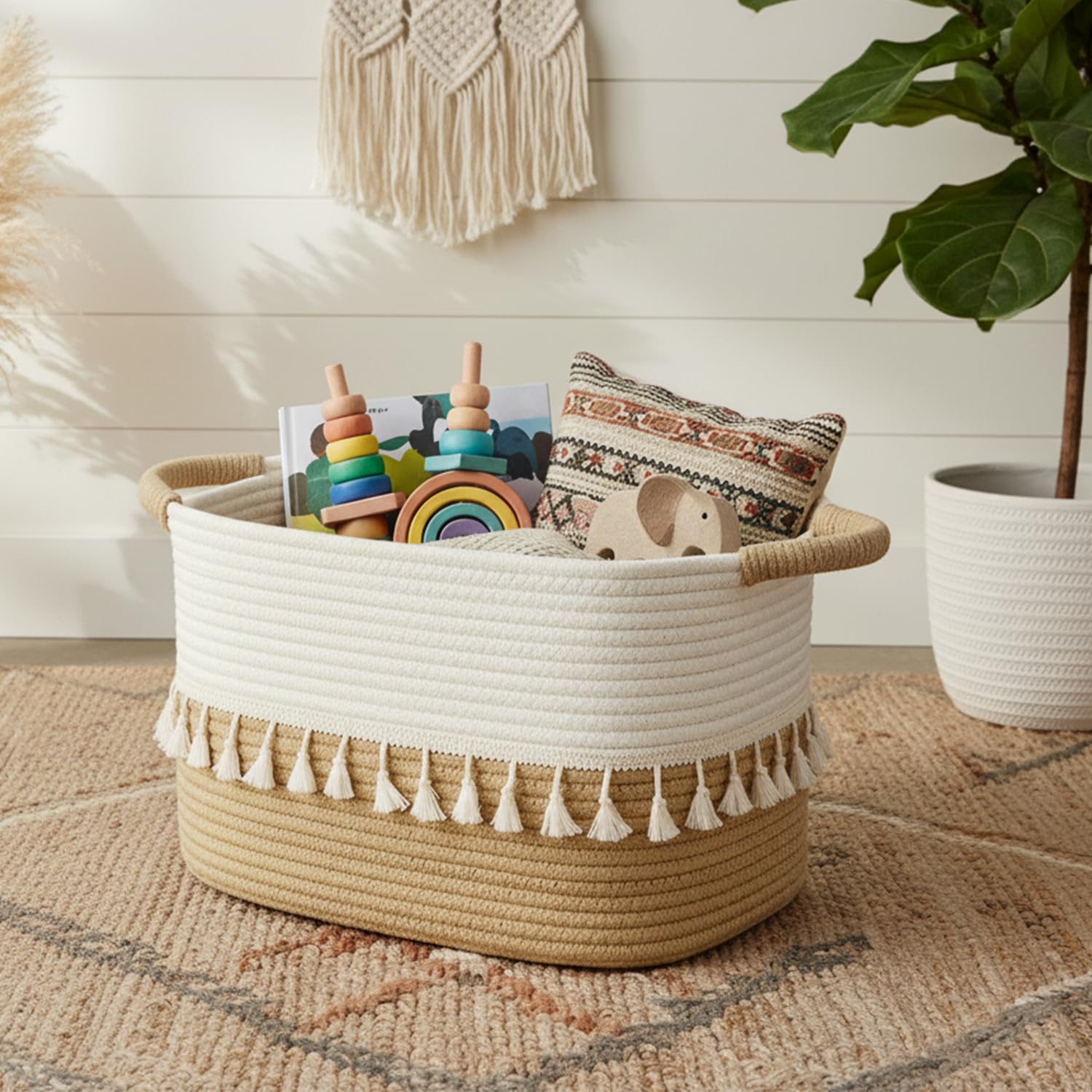 danpinera Aufbewahrungskorb, Korb geflochten mit Henkeln, vielseitiger Korb Aufbewahrung für Wäsche, Decken & Spielzeug, dekorativer Basket für Wohnzimmer, Schlafzimmer, Bad & Kinderzimmer Weiß&Khaki