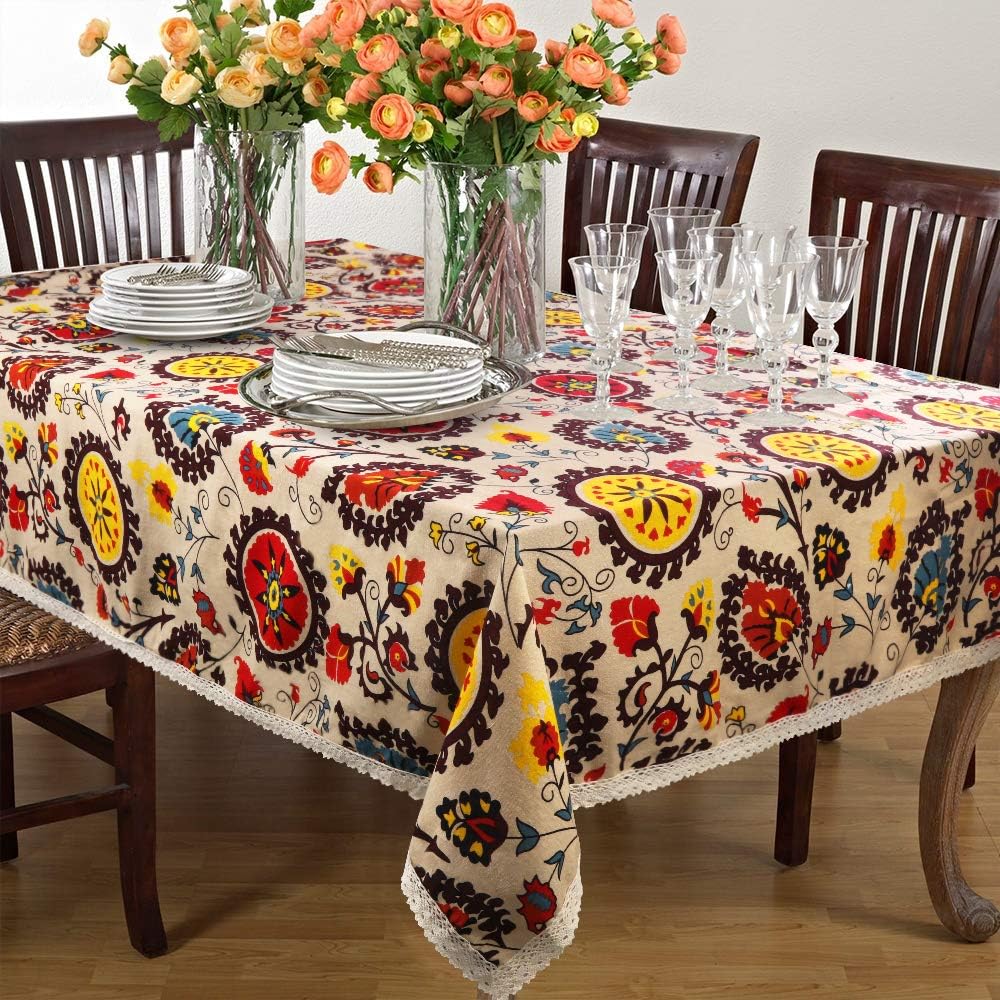 Lahome Bohemian Sunflower Tablecloth - Cotton Linen Table Cover Kitchen Dining Room Restaurant Party Decoration (Rectangle - 55" x 70", Sunflower)