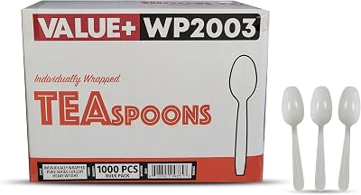 Value Plus (1000 Count) Disposable White Plastic Teaspoon, Bulk Individually Wrapped Heavy Weight Plasticware Teaspoons for Birthday Parties, Picnics, and Barbecues, Ideal for Office & Take Away