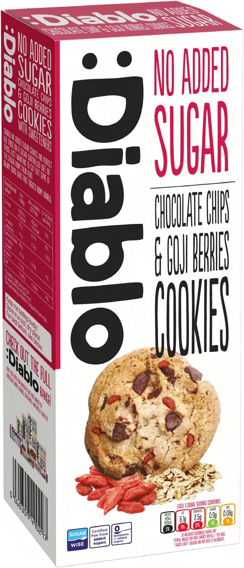 Diablo No Added Sugar Cookies, Chocolate Chips & Goji Berries – Low Sugar Snacks, Cookies Biscuits for All, Sweetened with Maltitol, Ideal for Gifting, Festive Hampers & Holiday – 135g Pack of 1