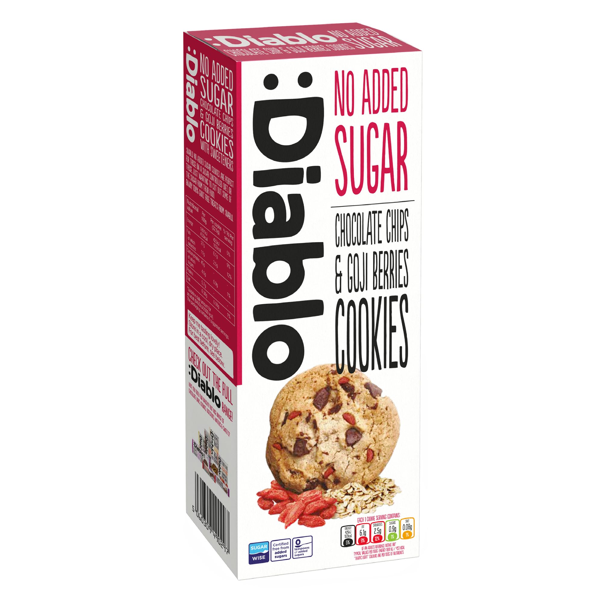 Diablo No Added Sugar Cookies, Chocolate Chips & Goji Berries – Low Sugar Snacks, Cookies Biscuits for All, Sweetened with Maltitol, Ideal for Gifting, Festive Hampers & Holiday – 135g Pack of 1