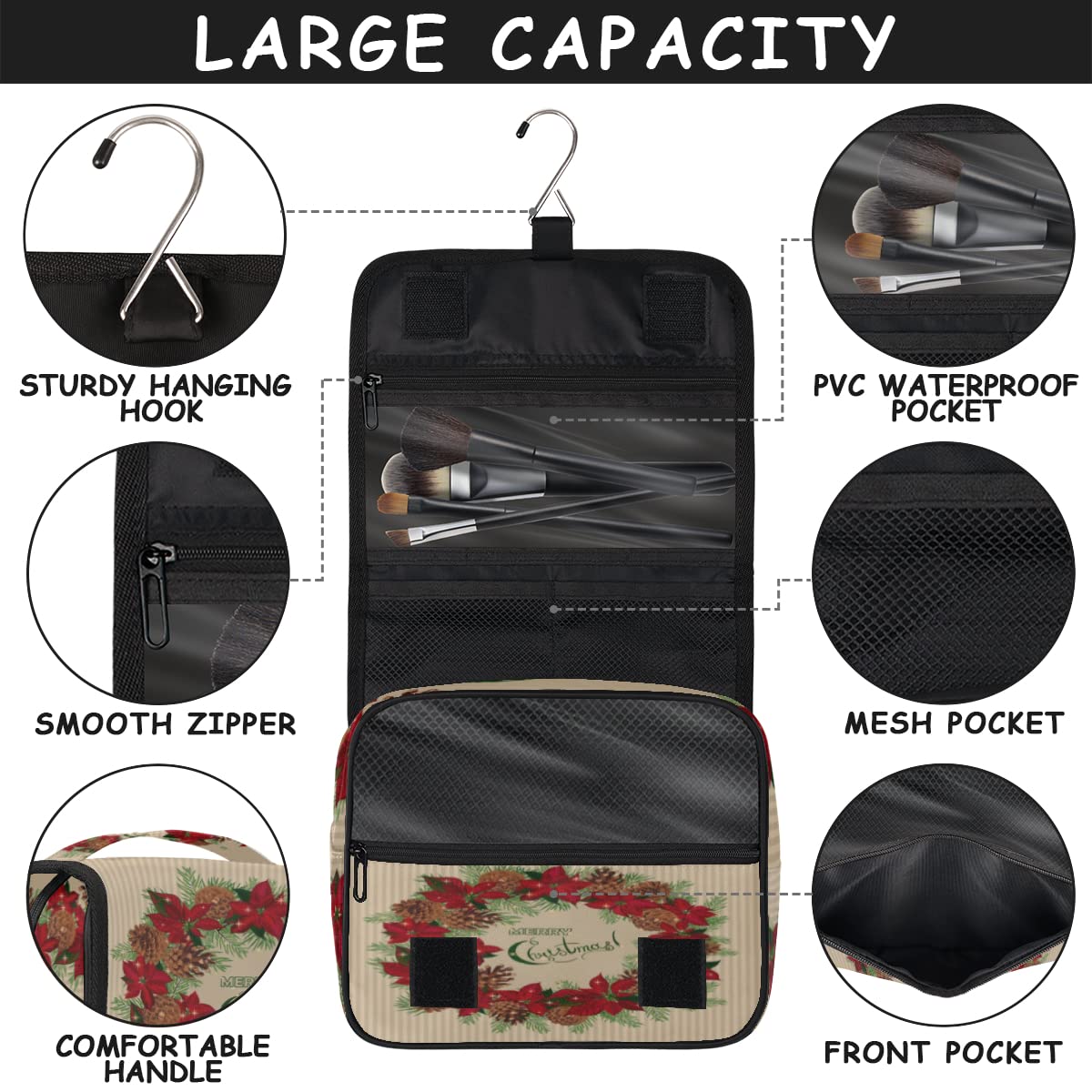 Wesołych Świąt Temat Podróżna Kosmetyczka Boże Narodzenie Mycie Torba Unisex Wiszące przybory toaletowe Kosmetyczka Organizer do makijażu, wielobarwny, Jeden rozmiar