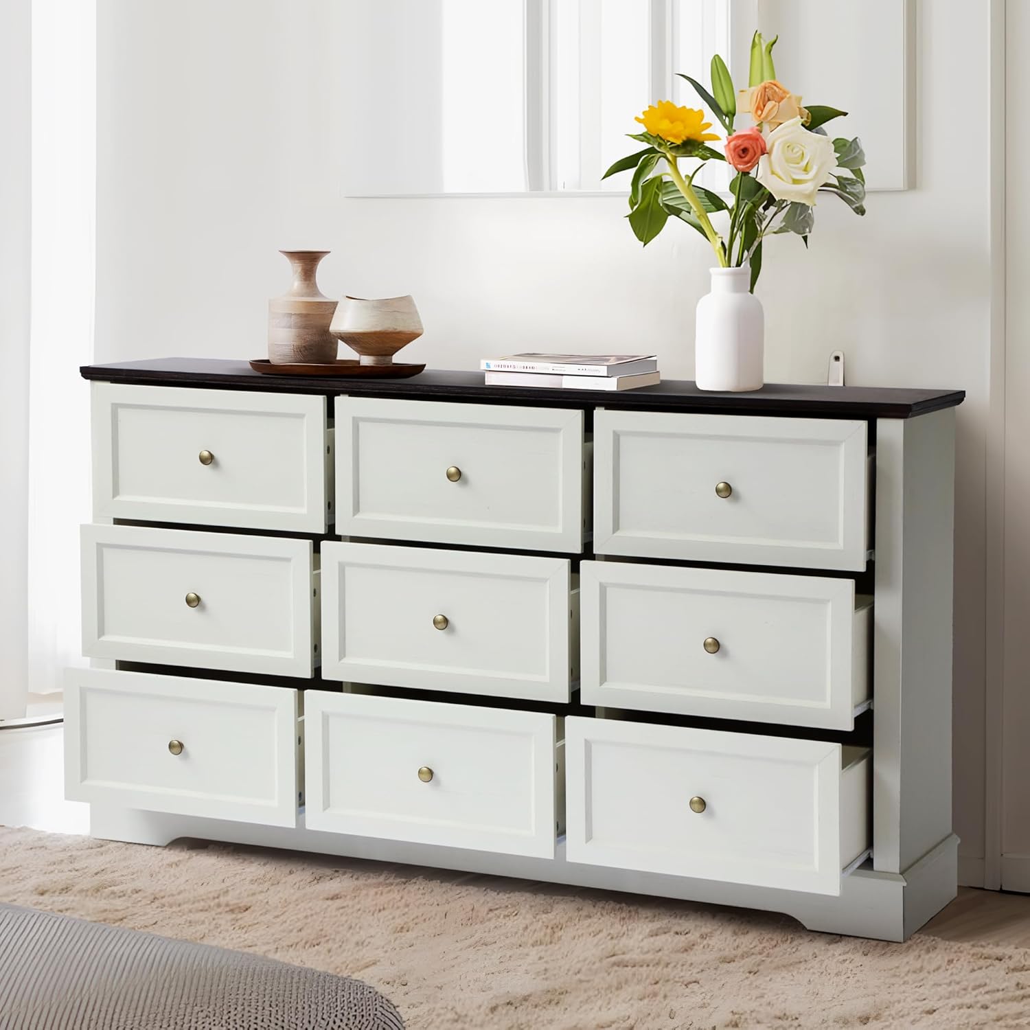 Farmhouse 9 Drawers Dresser, 53.2" Wide Modern Wood Rustic, Chest Cabinets Drawer Storage Organizer, Vintage Design, Storage Chest of Drawers (White, 9 Drawers)