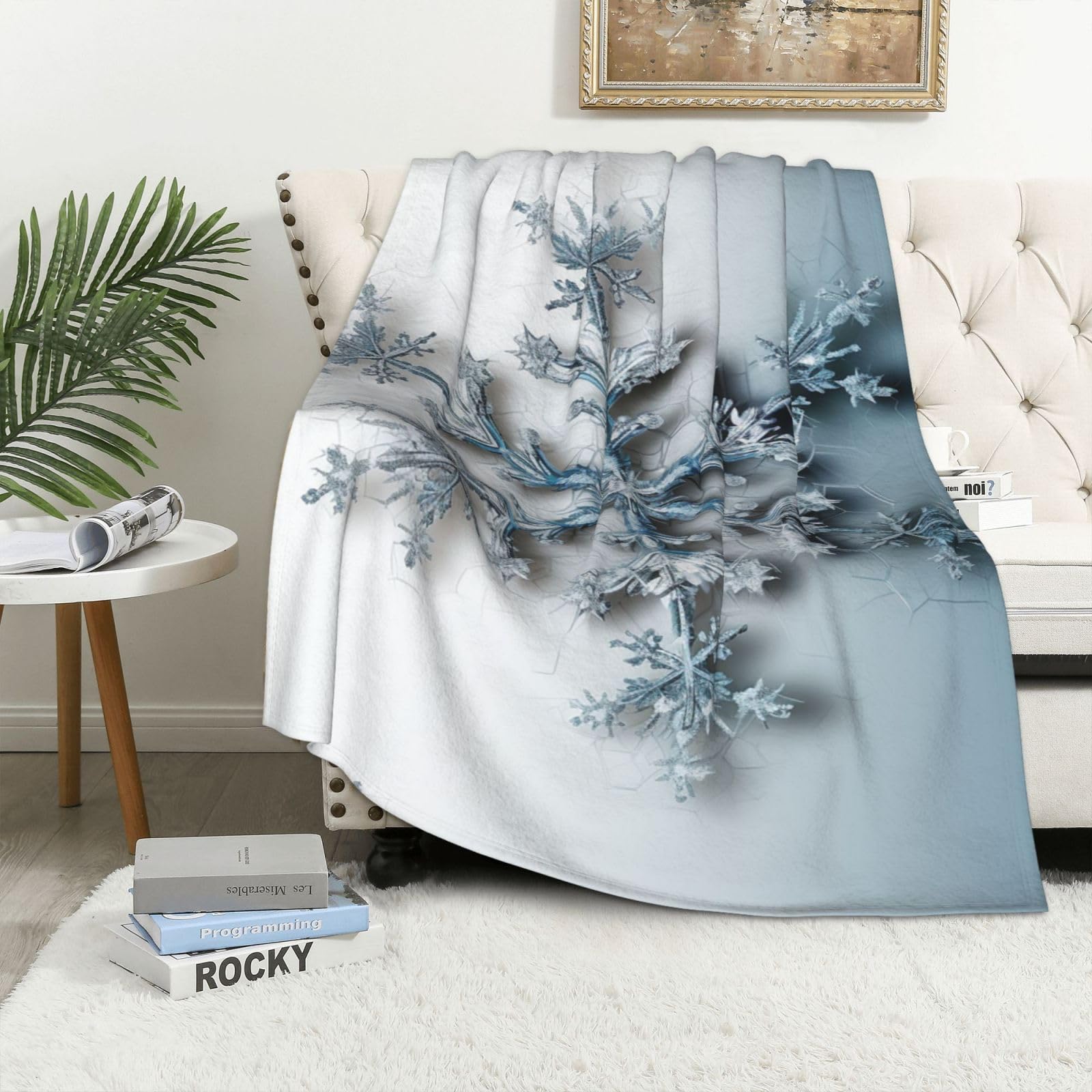 Couverture polaire douce pour soirées cocooning canapé motif flocon de neige