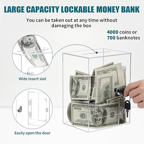 Miniatura 3 de ETPlanet Alcancía grande transparente para adultos y niños, caja de ahorro de acrílico transparente con llave, tarro de monedas irrompible, caja
