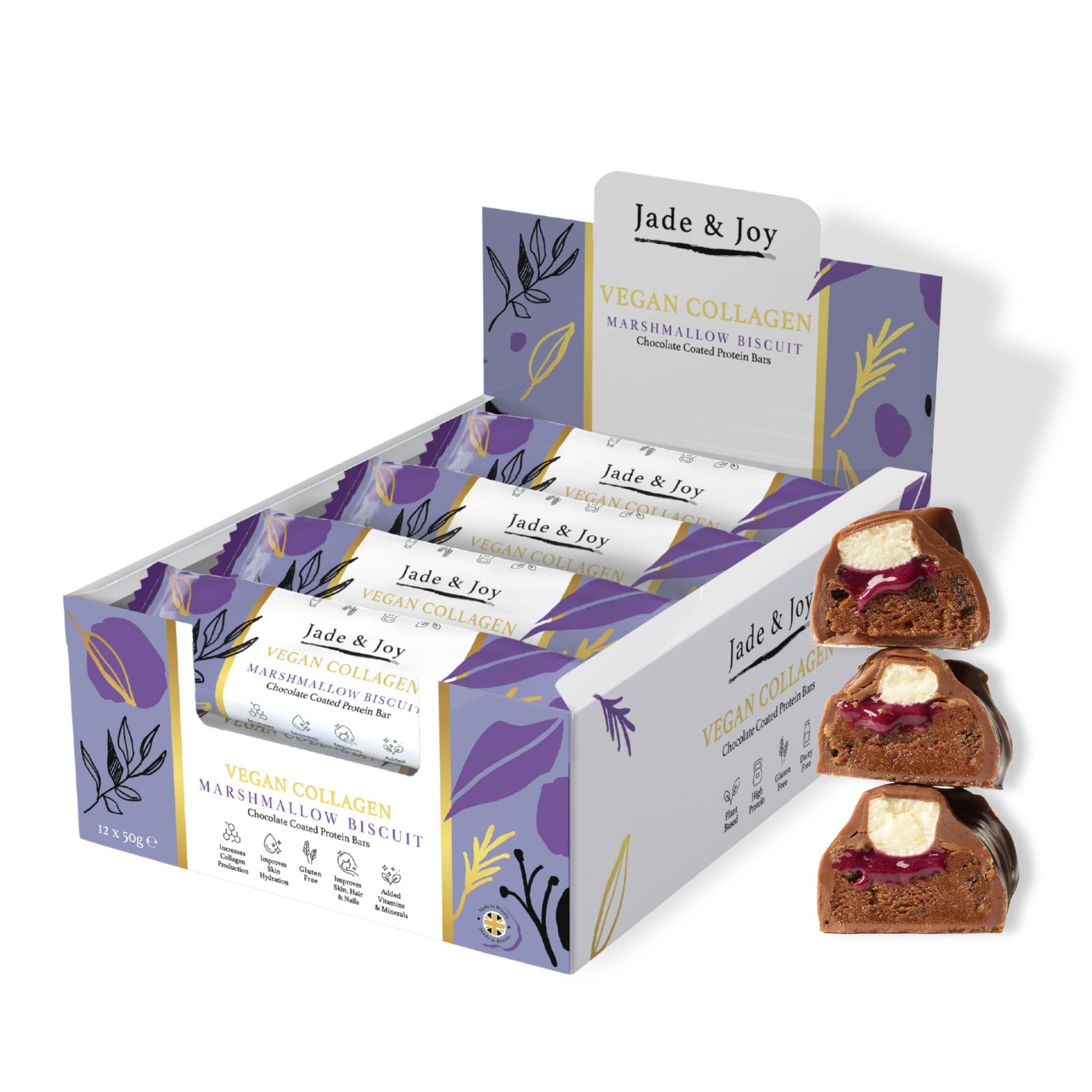 Jade & Joy Collagen Protein Riegel, Marshmallow Biscuit, 2,5g pflanzliches Kollagen, 15g Protein, wenig Zucker, Aminosäuren, glutenfrei, milchfrei, 12x50g