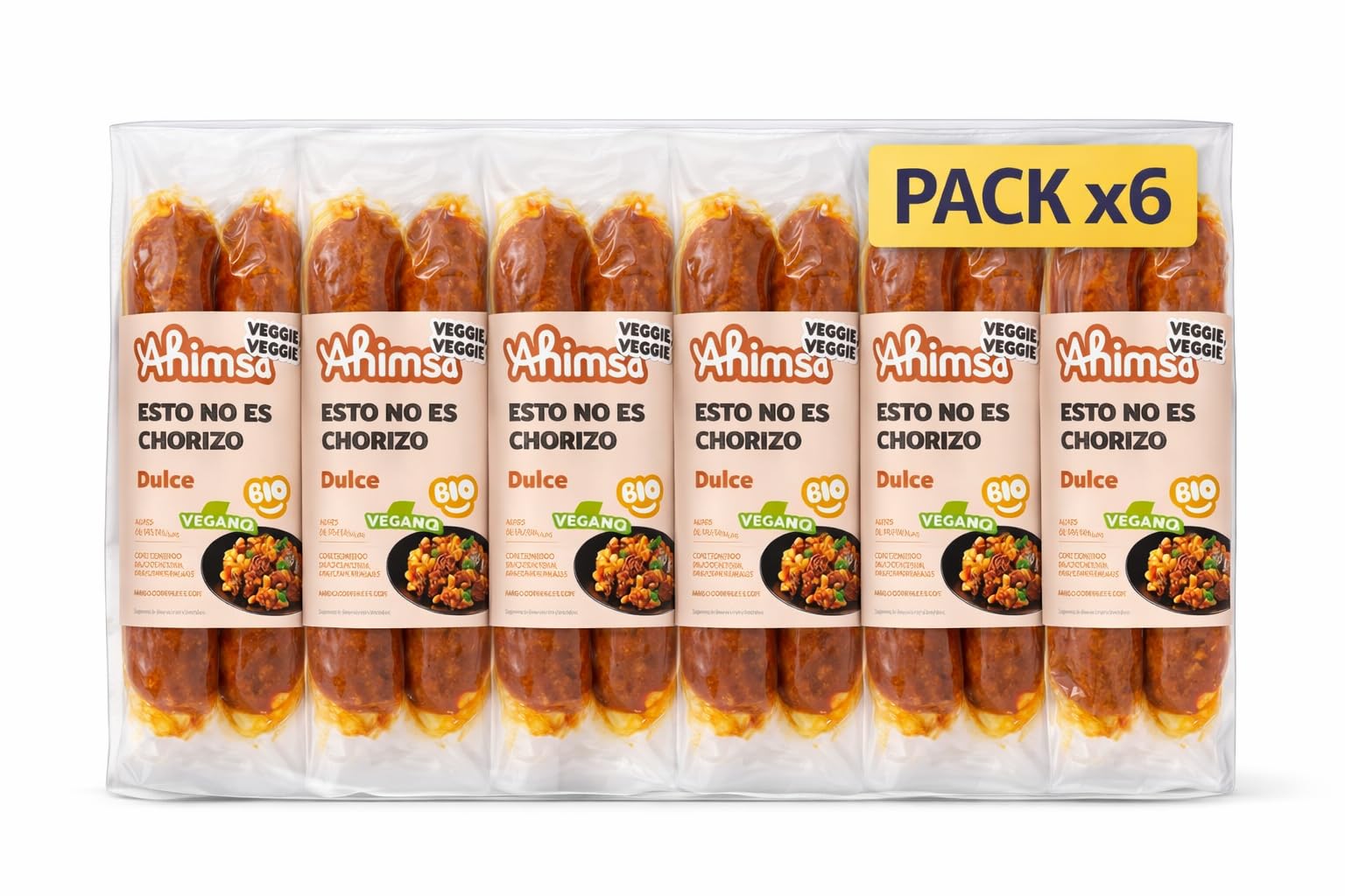 Pack 6x “Esto no es Chorizo” Dulce Vegano Ahimsa Bio 230 g | 6 Envases de 230 g (Total 1,380 Kg) Total 12 chorizos | Alternativa Vegetal Tipo Chorizo | Sabor Suave