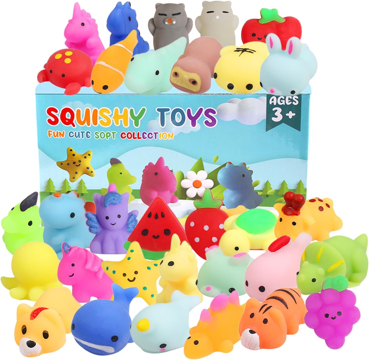 32 Pack Squishy Toys, Kawaii Squishies Party Favors for Kids 4-8 8-12 Treasure Box Toys for Classroom Birthday Xmas Gifts Goodie Bag Mini Animals Mochi Squishy Stress Relief Sensory Toys Random