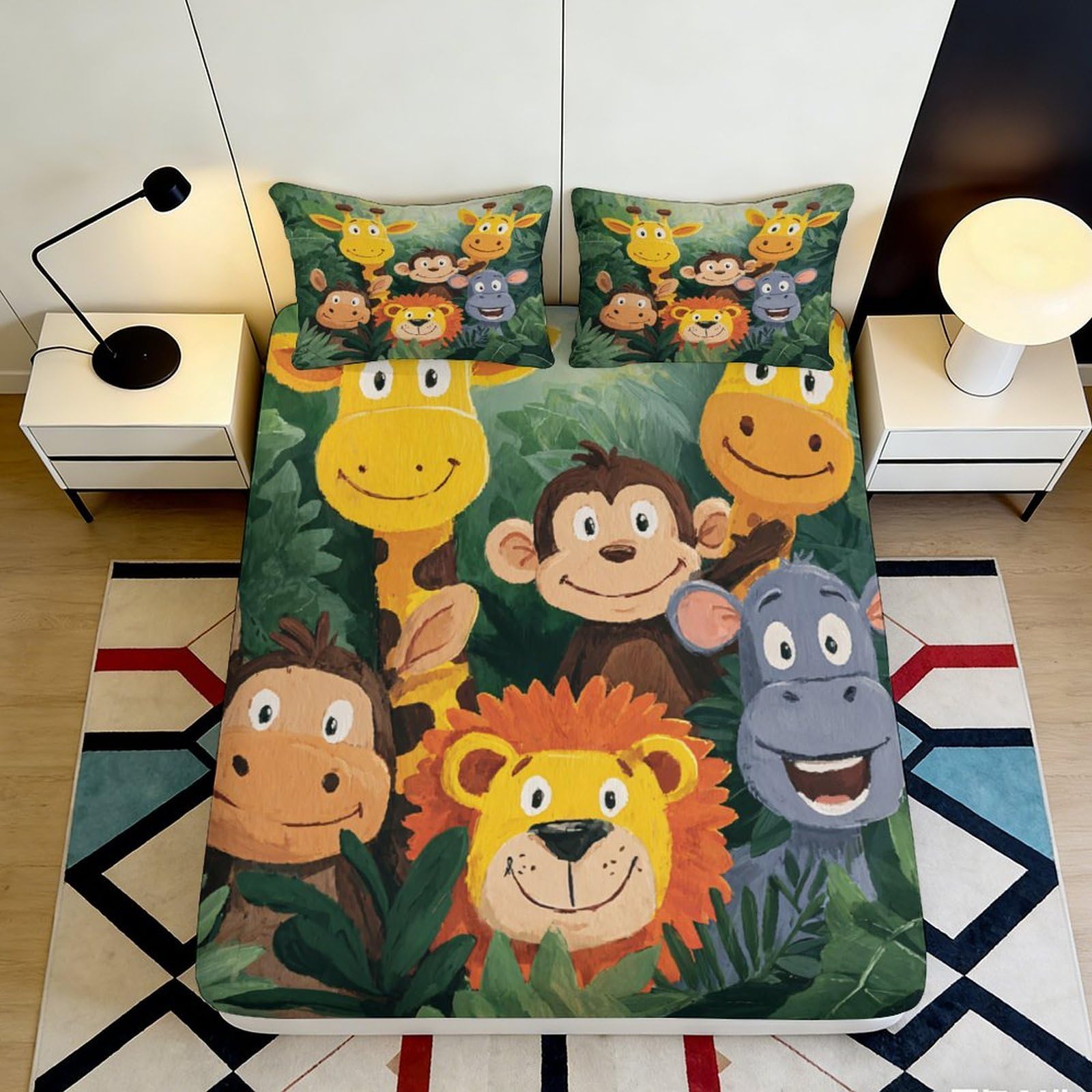 3D Printed Jungle Animals Fitted Sheet Microfiber Soft Breathable Cartoon Safari Mattress Cover for Bedroom Dorm Decor 120x200x25cm