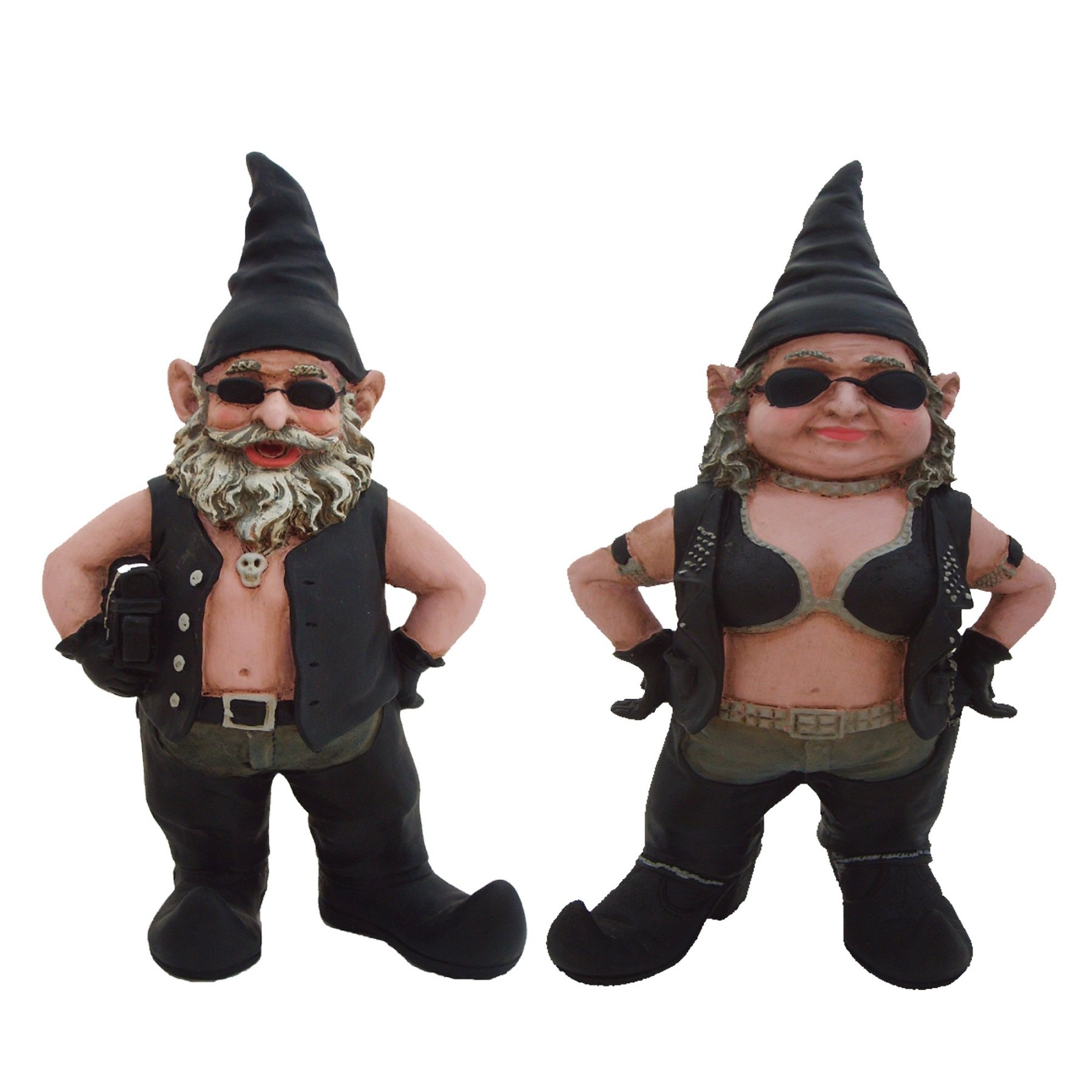 Born-to-Ride Biker & Babe The Gnomes in Full Leather Motorcycle Riding Gear Bike Gnome Figurine Statue Assortment 8.5" H