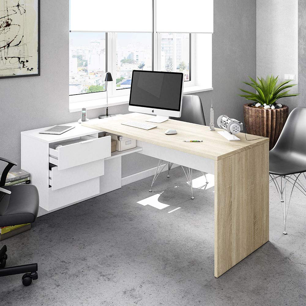 Mobelcenter - Mesa de Oficina Modelo Office - Mesa despacho Ordenador con 3 cajones - Color Blanco Artik Mate y Roble Canadian - 1150
