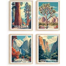 California National Park Poster Set of 4, Yosemite, Joshua Tree, Sequoia, Kings Canyon Wall Art, Travel Landscape Prints, Nature Vintage Wall Decor / UNFRAMED 12 x 18 in, 4 pcs Set - California