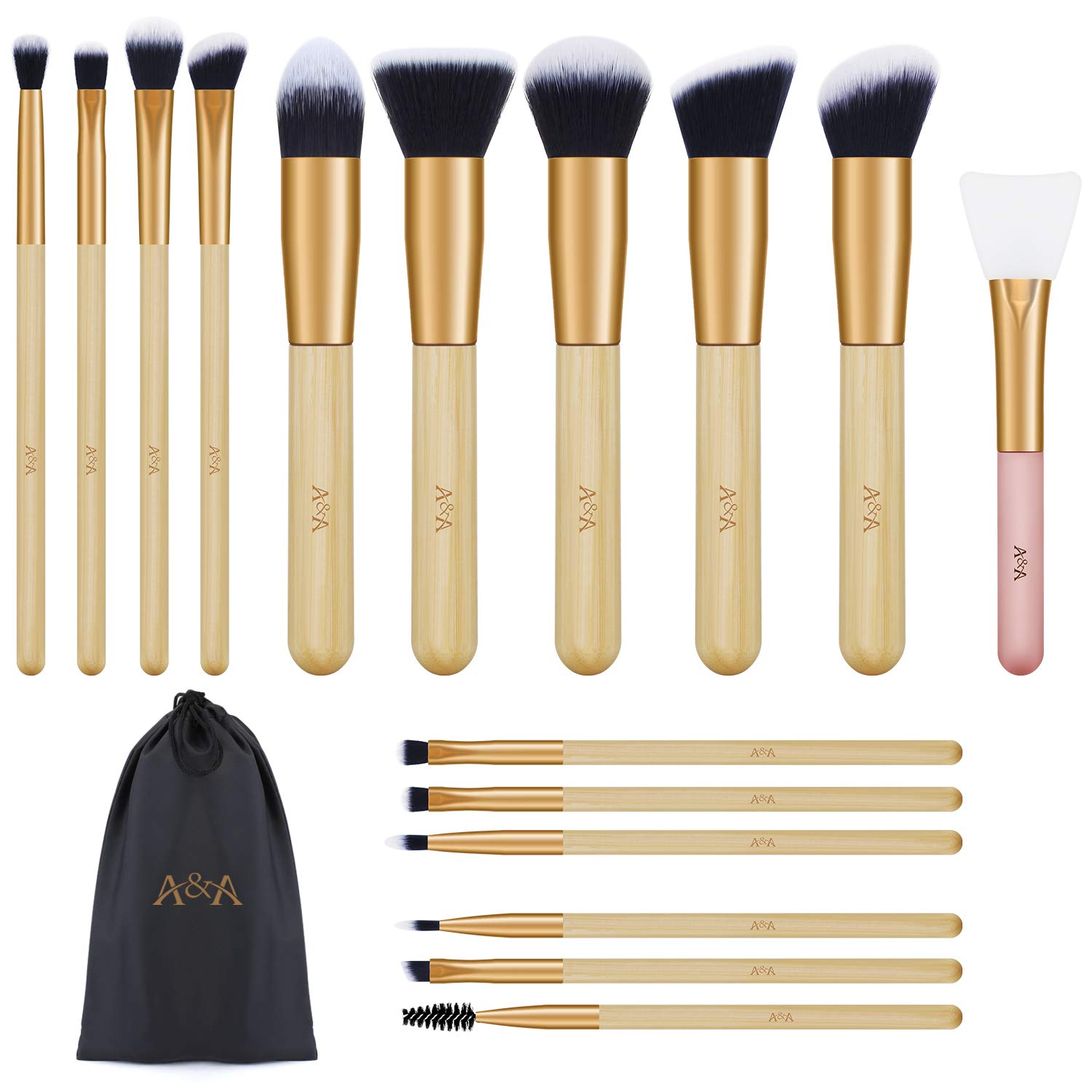 Foundation Makeup Brushes Kit Consist of 15 Pcs Professional Cosmetic Tools and 1 PCS Silicone Face Mask Brush are Made of Bamboo Handle and Rose Gold Aluminum Piece