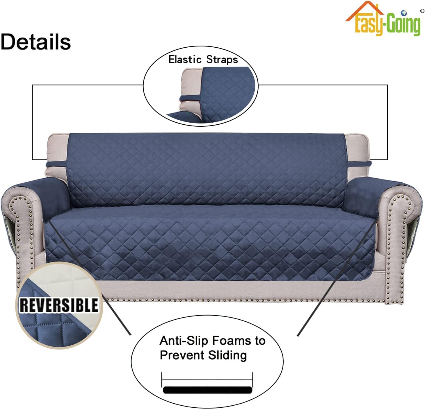 Easy-Going Oversized Chair Sofa Slipcover Reversible Sofa Cover Water Resistant Couch Cover Furniture Protector Cover with Elastic Straps for Pets Dog Cat (Oversized Chair, Dark Blue/Ivory) thumbnail