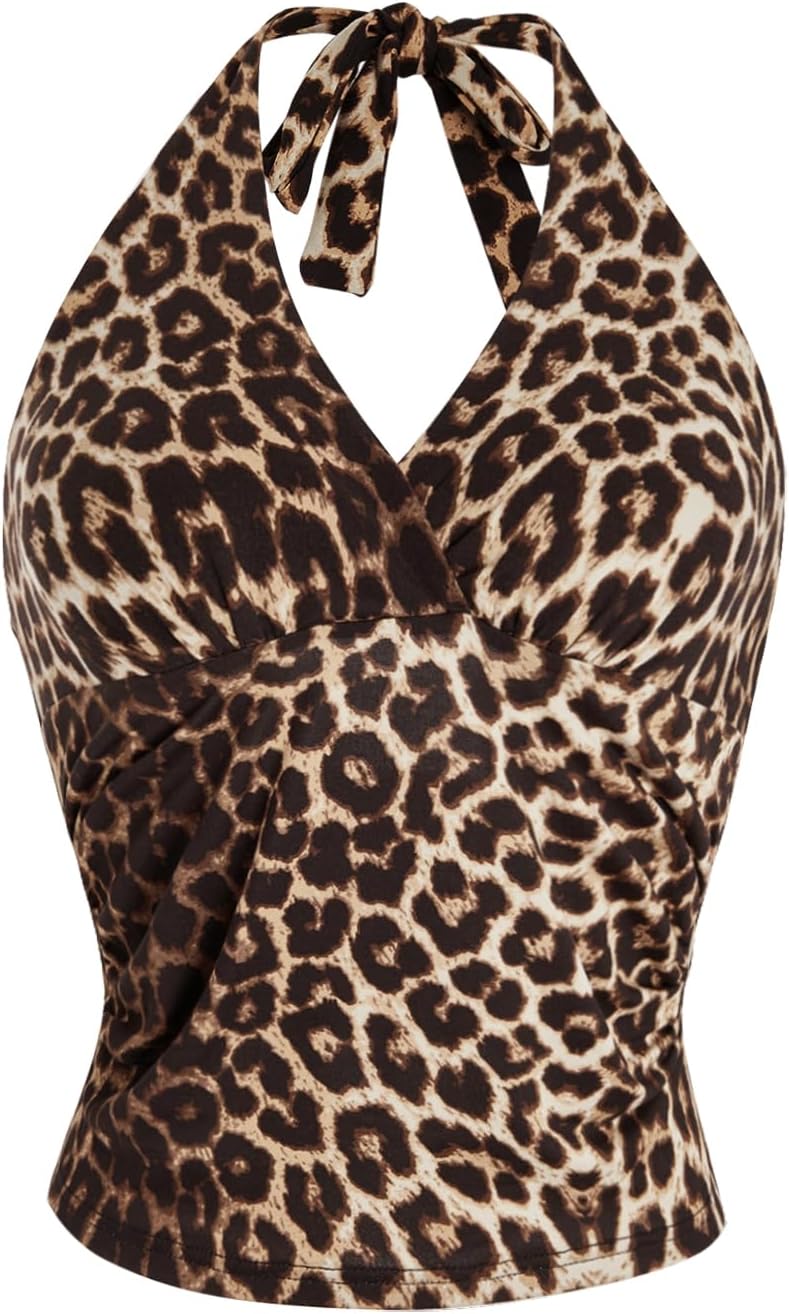 WDIRARA Women's Leopard Print Ruched Halter Crop Tops V Neck Tie Back Sleeveless Slim Fit Cami Tops - Image 4