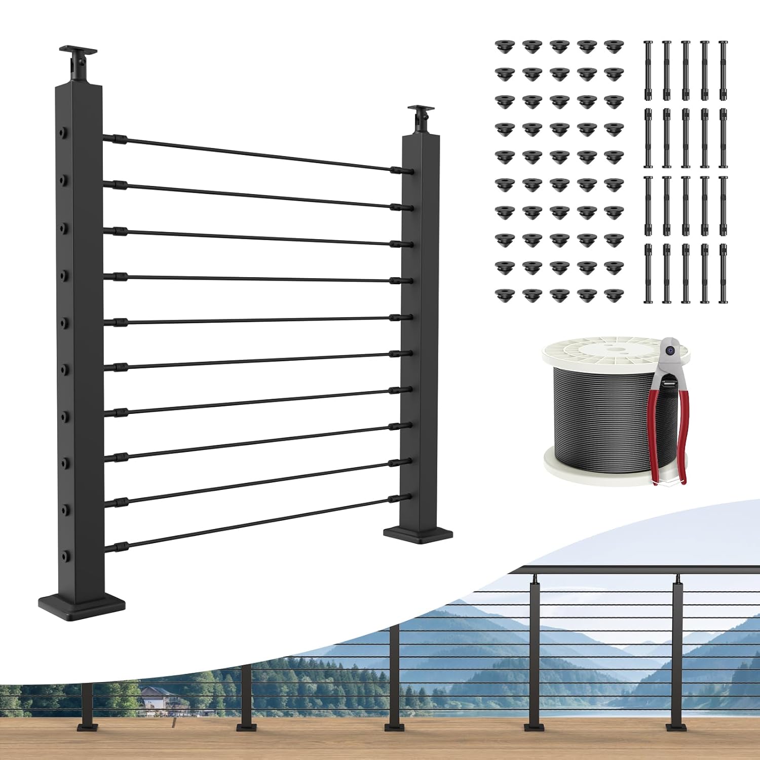 BLIKA Complete Set 36" Cable Railing Post Kit, Black Surface Mount Adjustable Top Cable Railing Post, Swageless Deck Railing System Kit Include 2Pack Level Posts,1/8" Stainless Cable(No Handrail) 35"x2"x2" 2 level post kit-Black