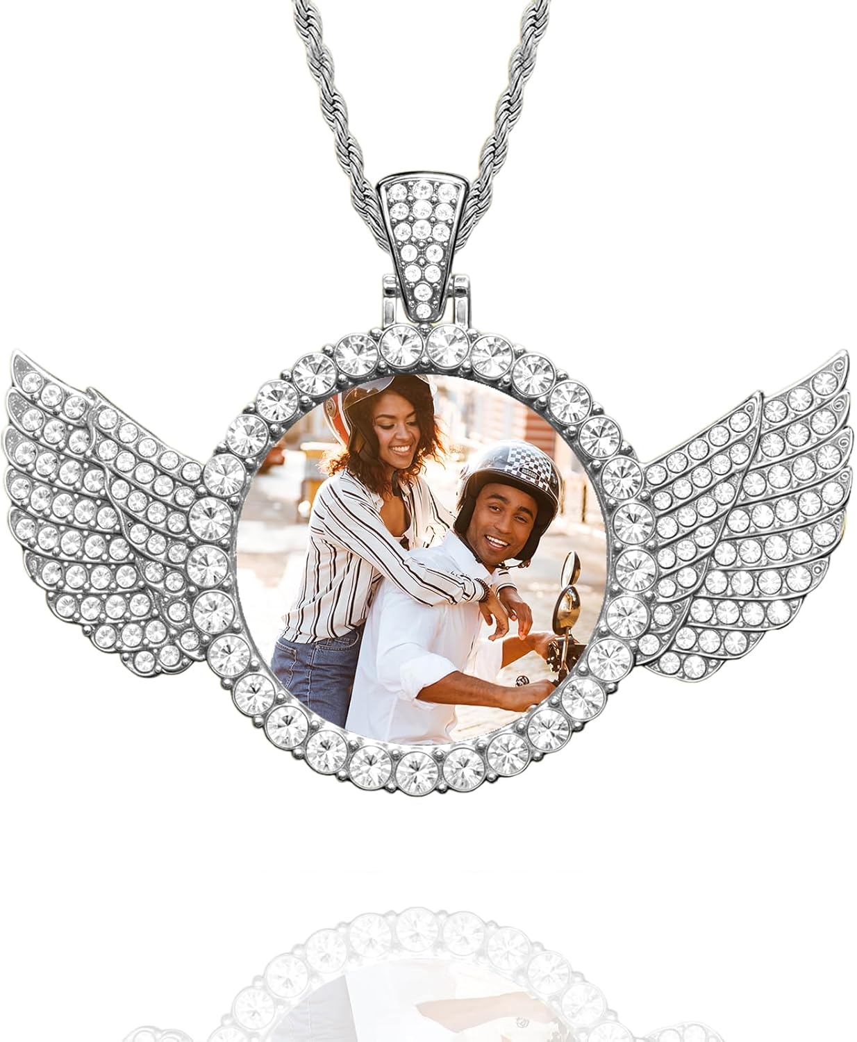 QYH Custom Circle Chain with Picture - Personalized Necklace Angel Wings Pendant Christmas Birthday Anniversary Memorial Gifts for Women Men Boyfriend