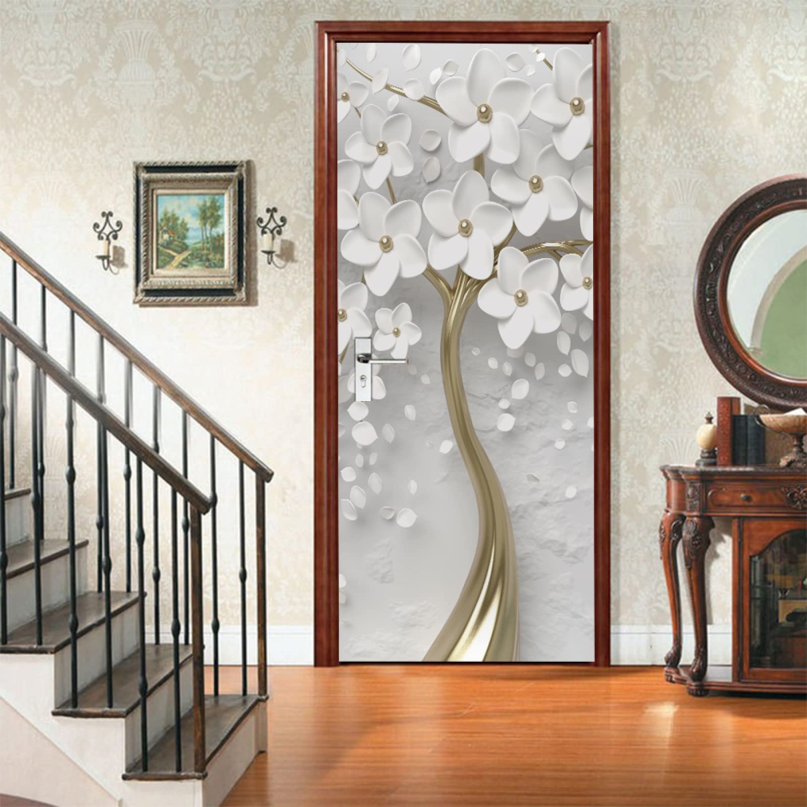 Autocollant Porte Trompe-l'œil Pivoine Et Paon - 90x200 Cm, PVC Imperméable - Déco Murale Salon, Chambre, Salle De Bain - 9