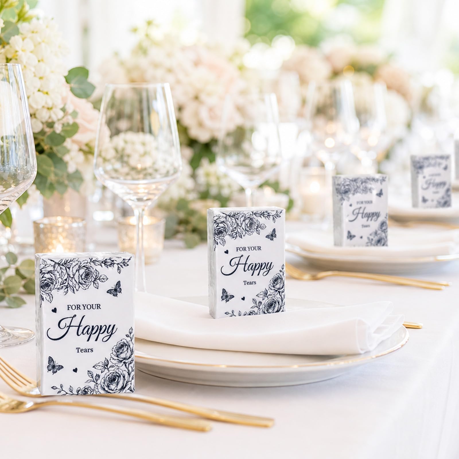 Confezione da 100 fazzoletti di carta con fiori blu, lacrime felici, per