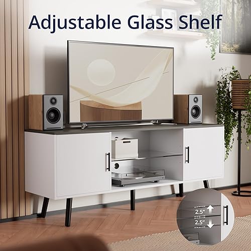 Miniatura 5 de Cozy Castle Soporte de TV para TV de 6065 pulgadas con estante de cristal, centro de entretenimiento moderno con estante ajustable y 2 gabinetes,